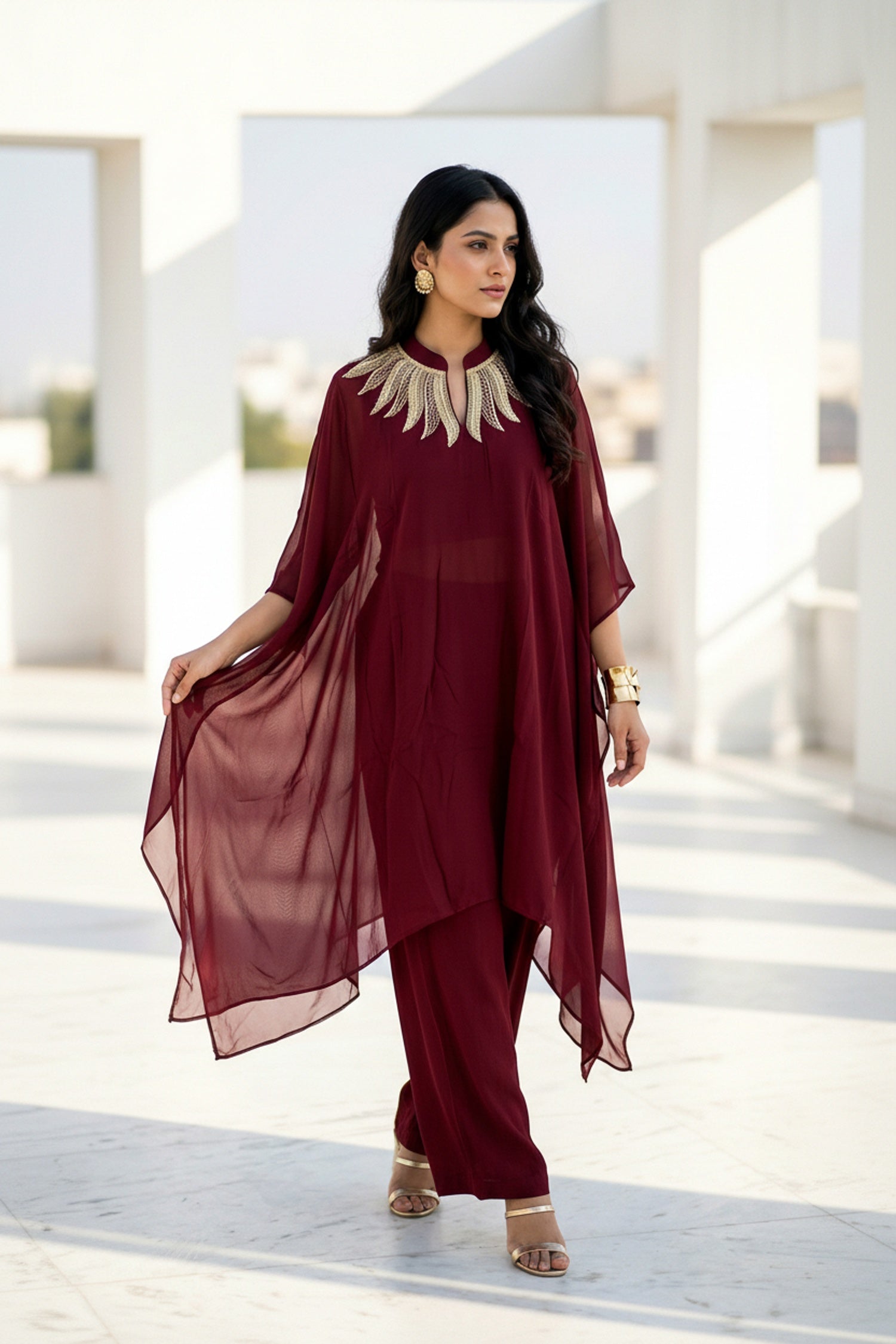 Maroon Charm Embroidered Neck Co-ord Set