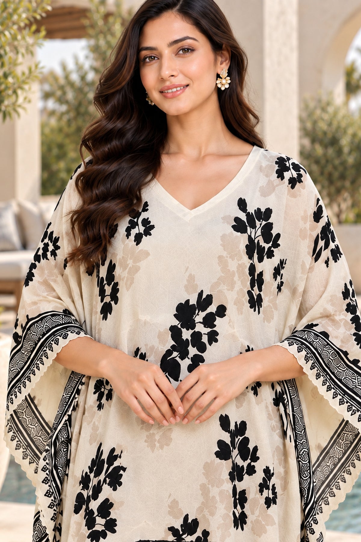 Beige Floral Printed Kaftan