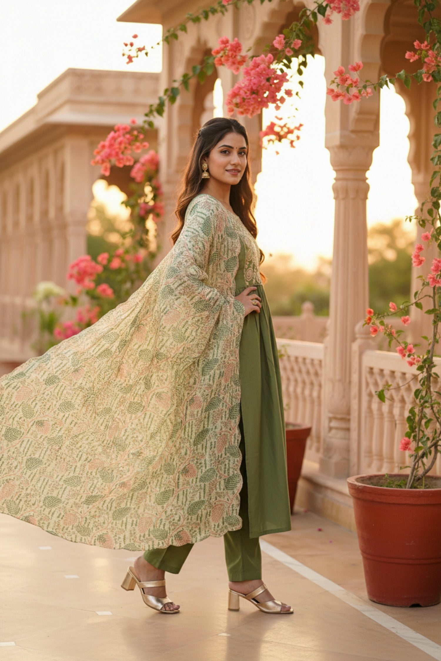 Green Embroidered Kurta Set with Tissue Silk Dupatta