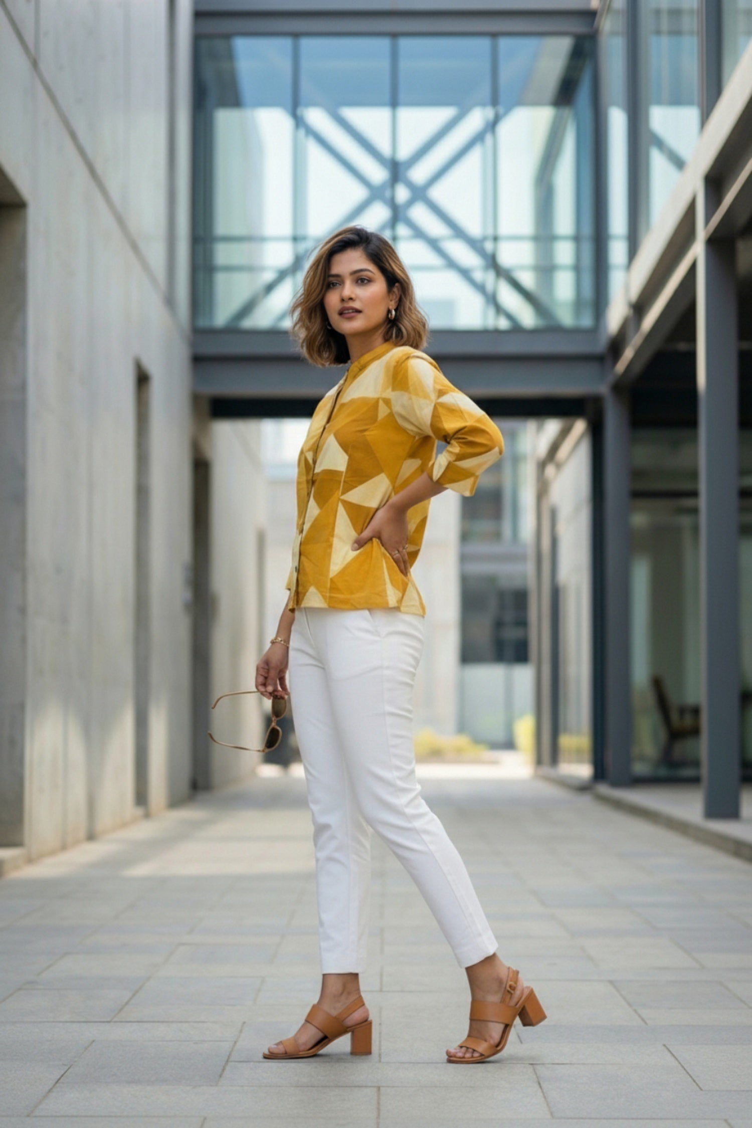 Yellow Bold Checks Cotton Short Kurti Top