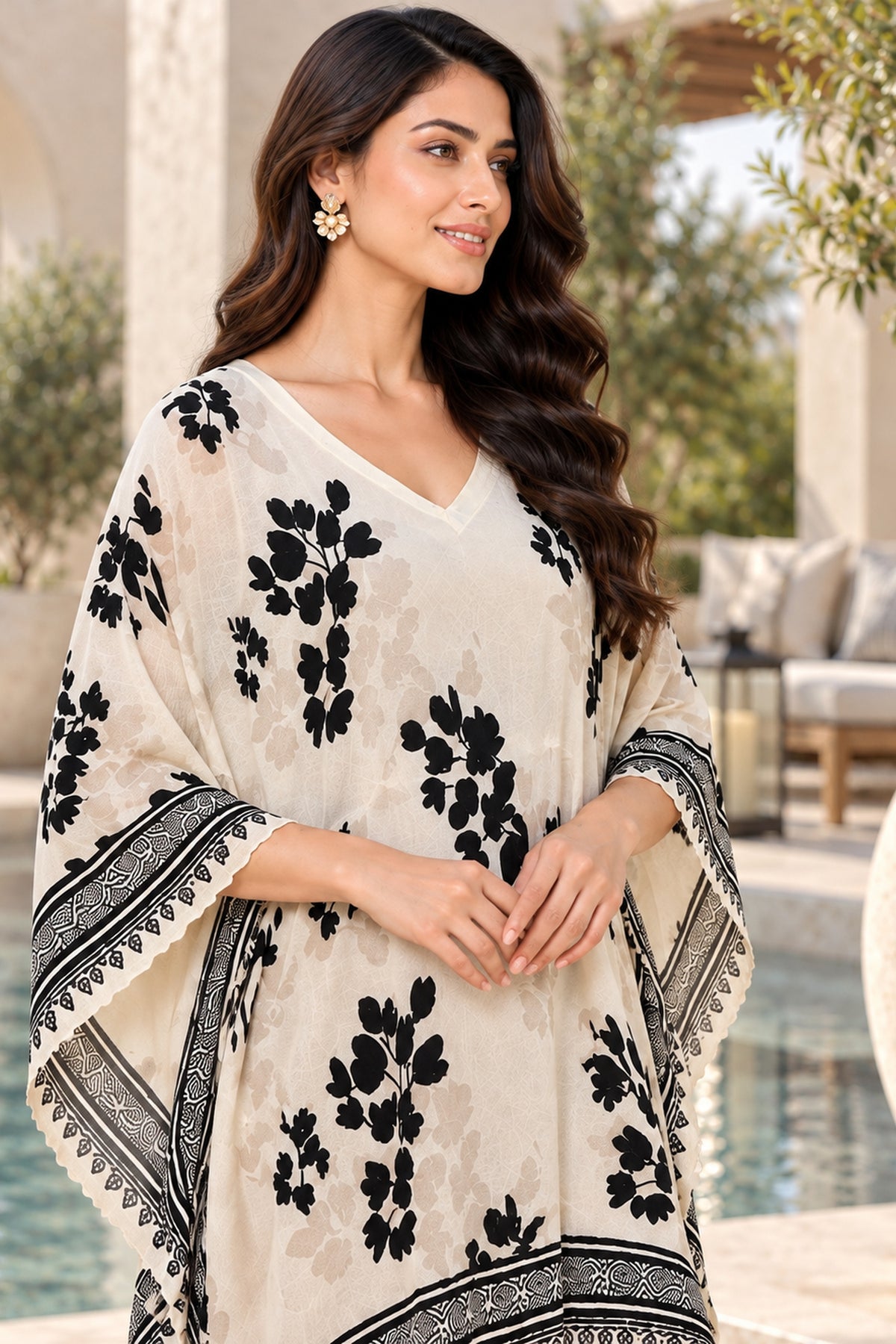 Beige Floral Printed Kaftan