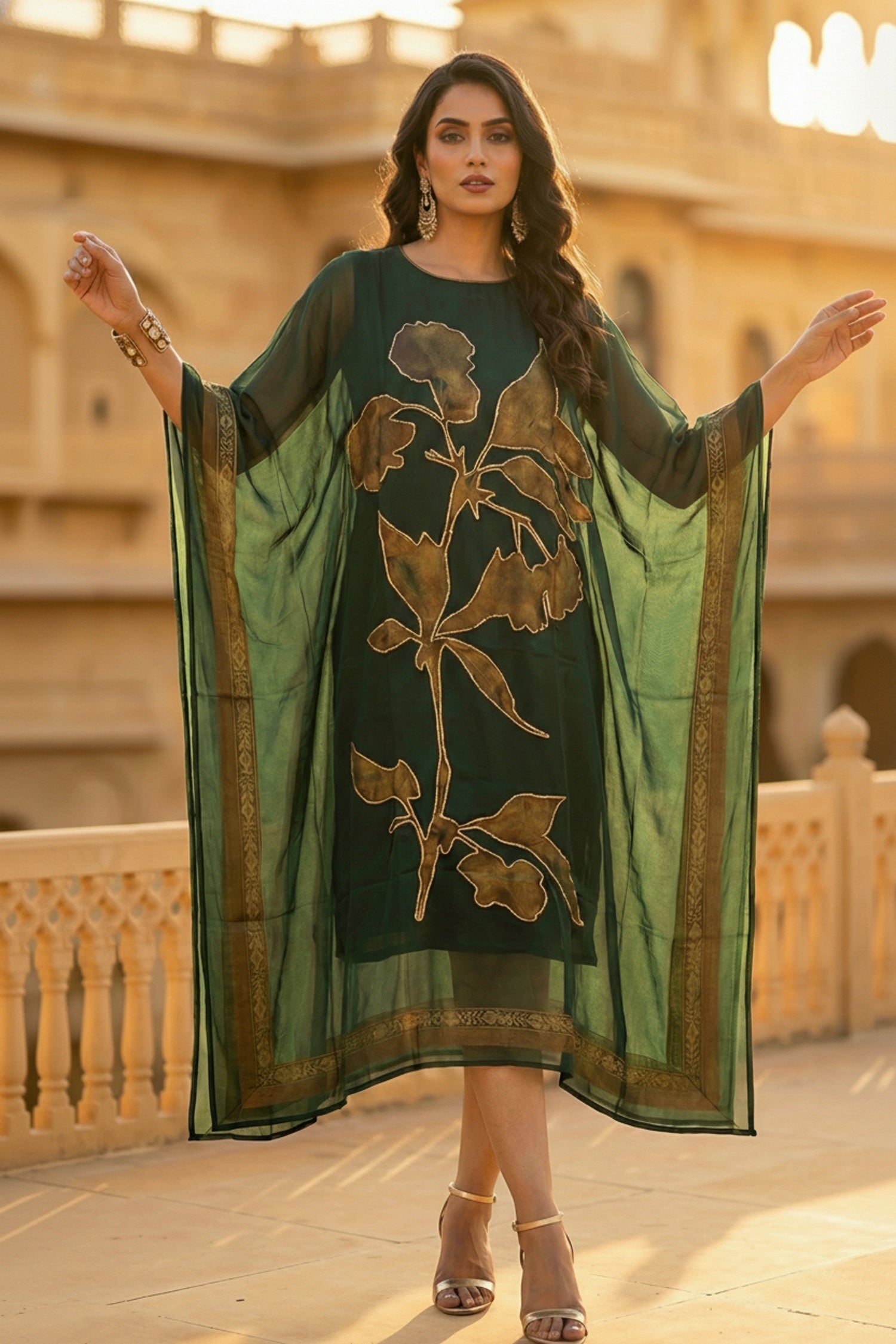 Bottle Green Embroidered Viscose Long Kaftan
