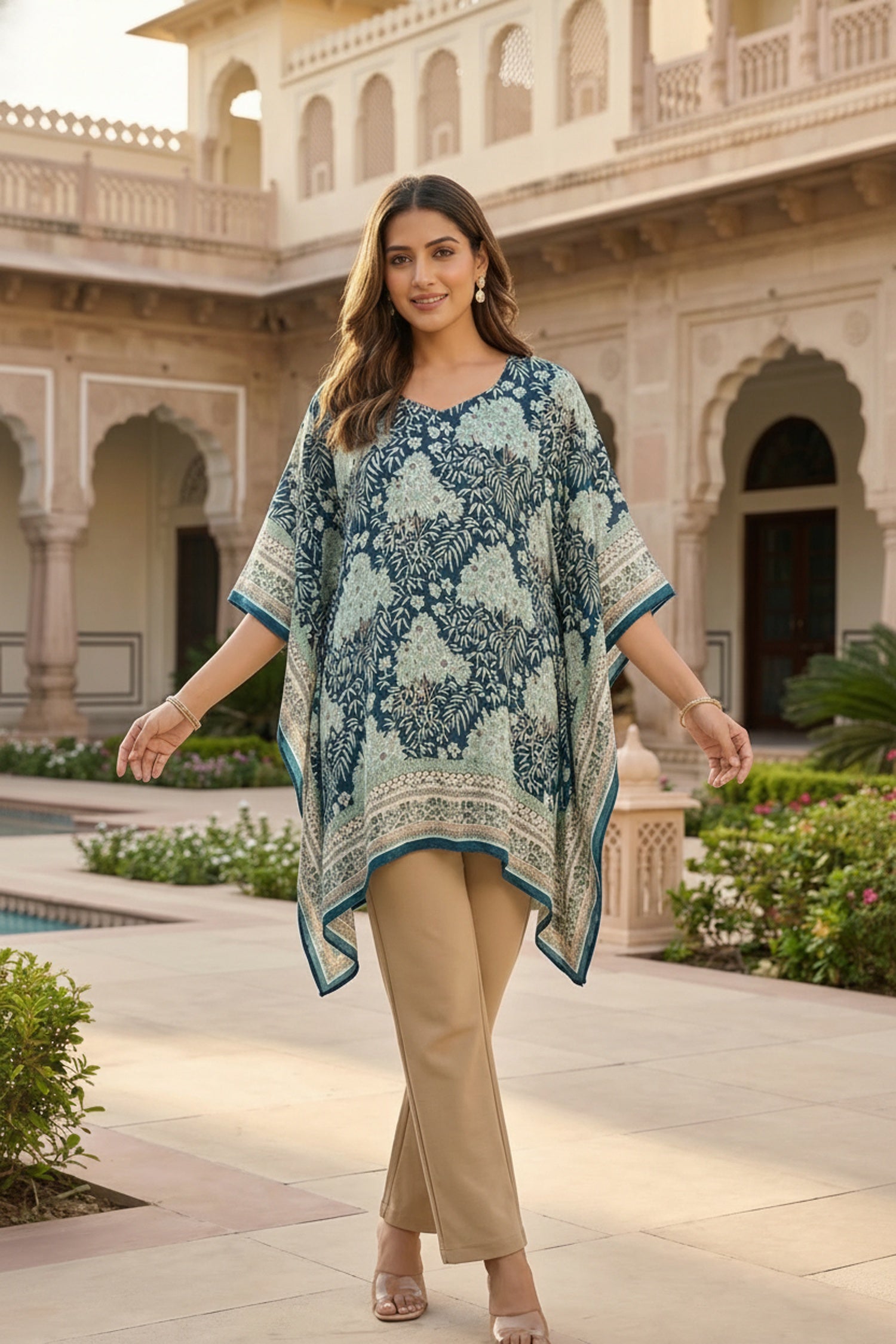 Blue Printed Viscose Short Kaftan