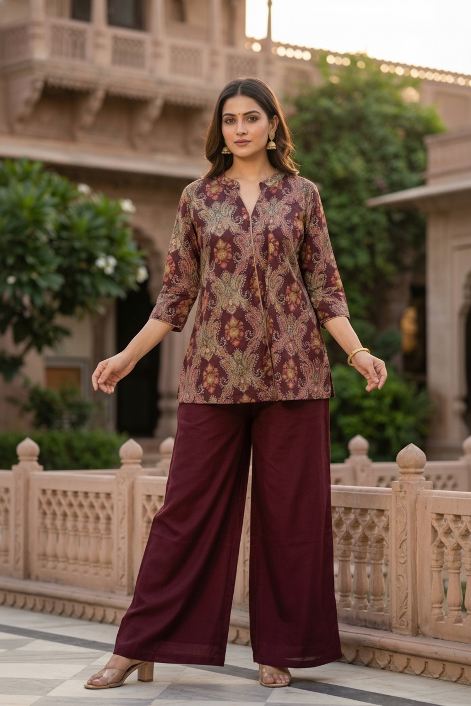 Maroon Printed Top Co-ord Set with Solid Bottom