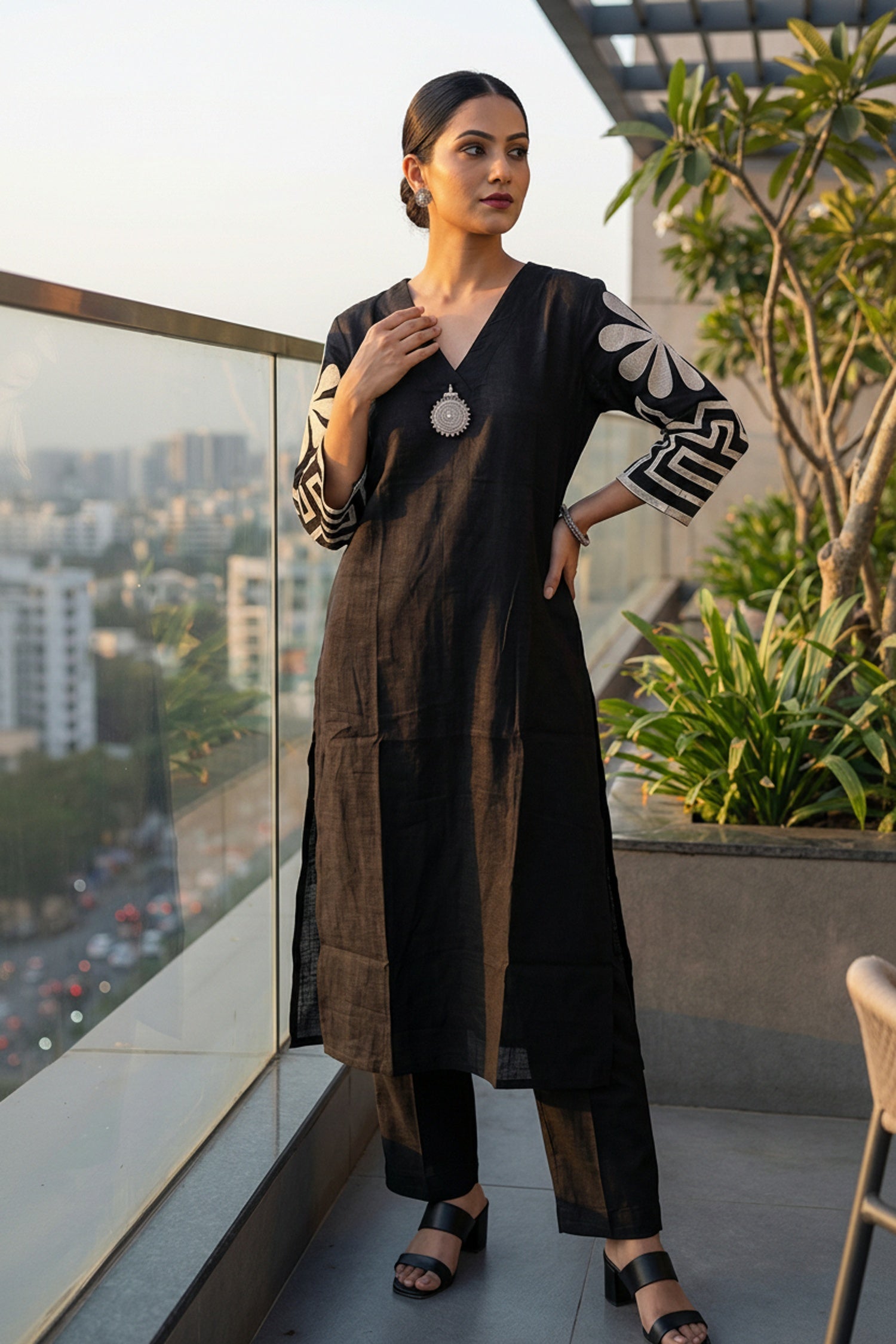 Black Elegance Cotton Cord Set with Embroidered Sleeves