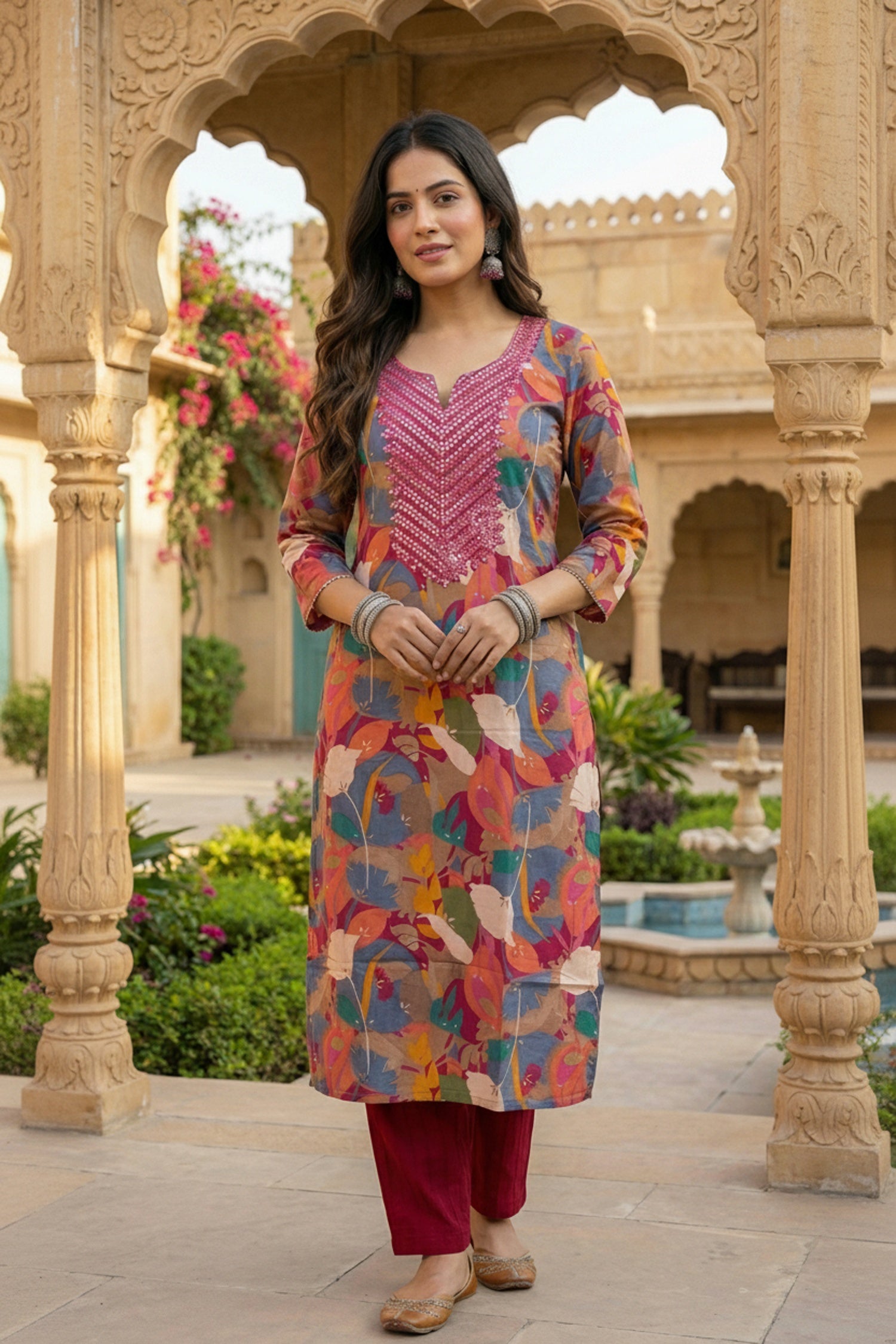 Multicolor Embroidered Cotton Cord Set