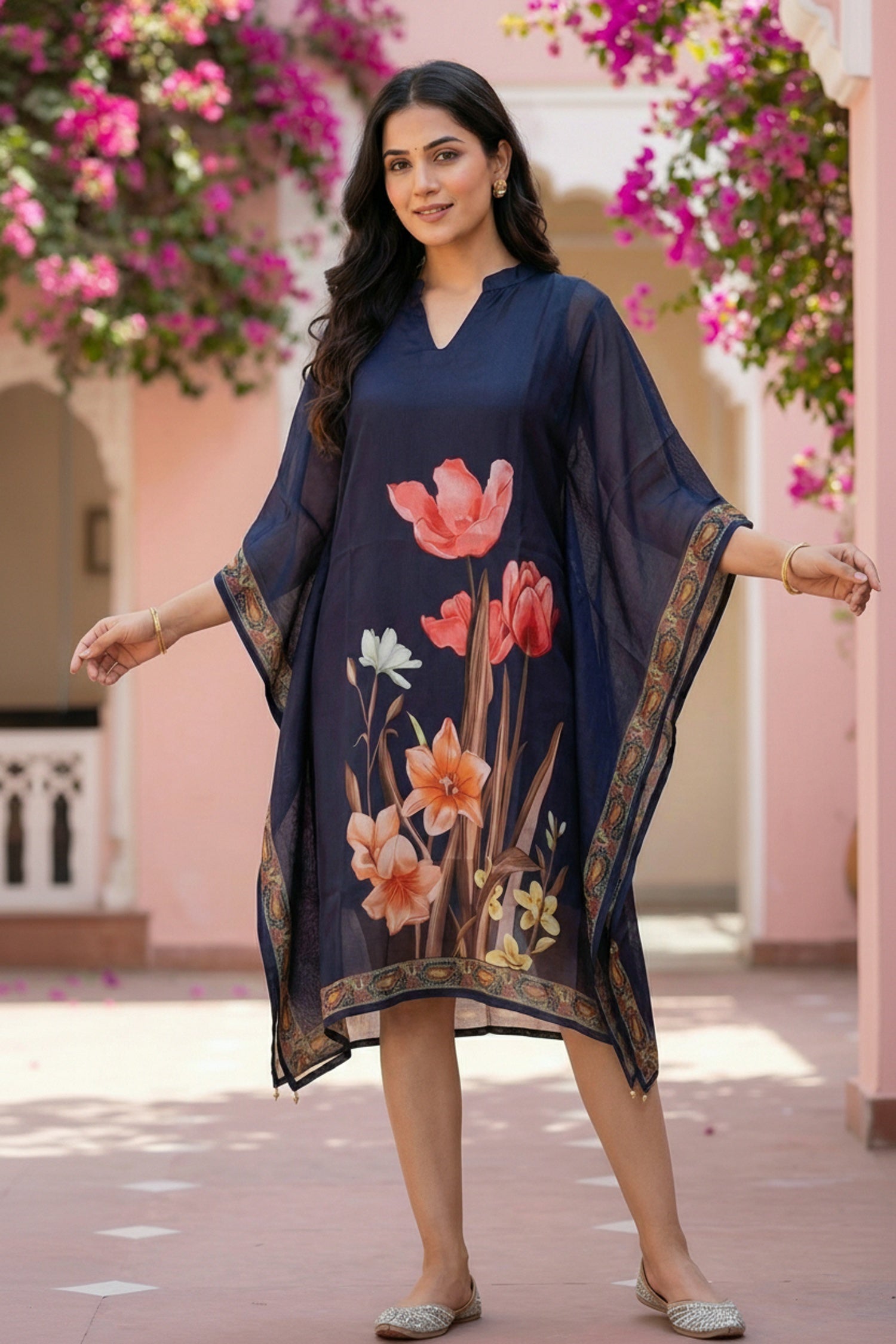 Navy Blue Floral Printed Chinon Short Kaftan