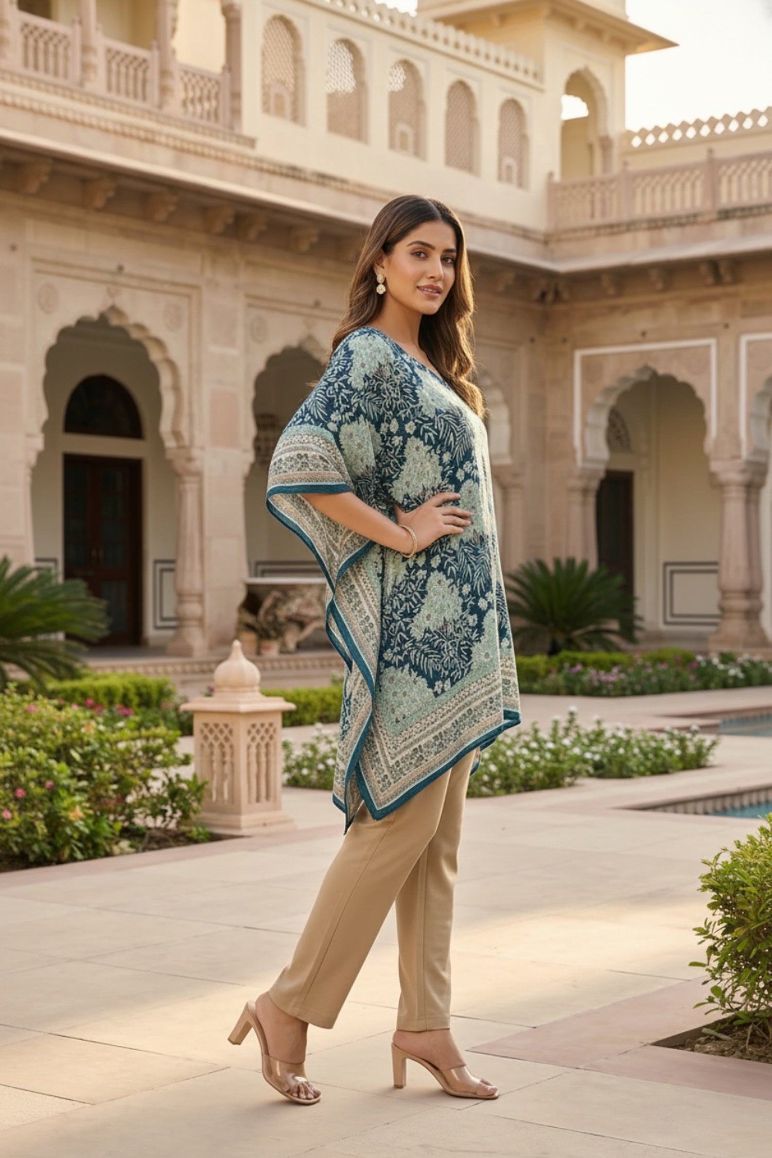 Blue Printed Viscose Short Kaftan