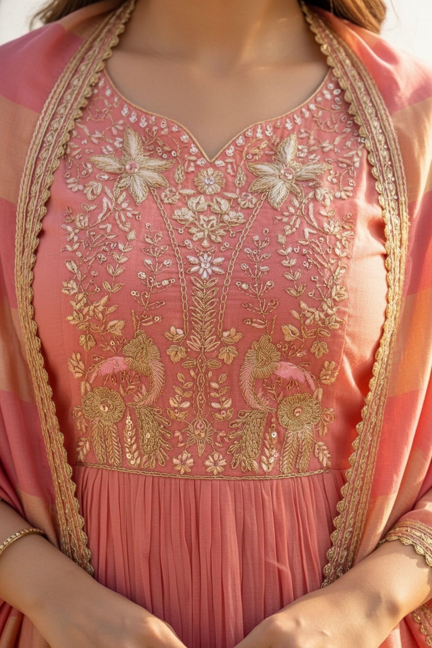 Peach Cotton Three-Piece Set with Thread Embroidery