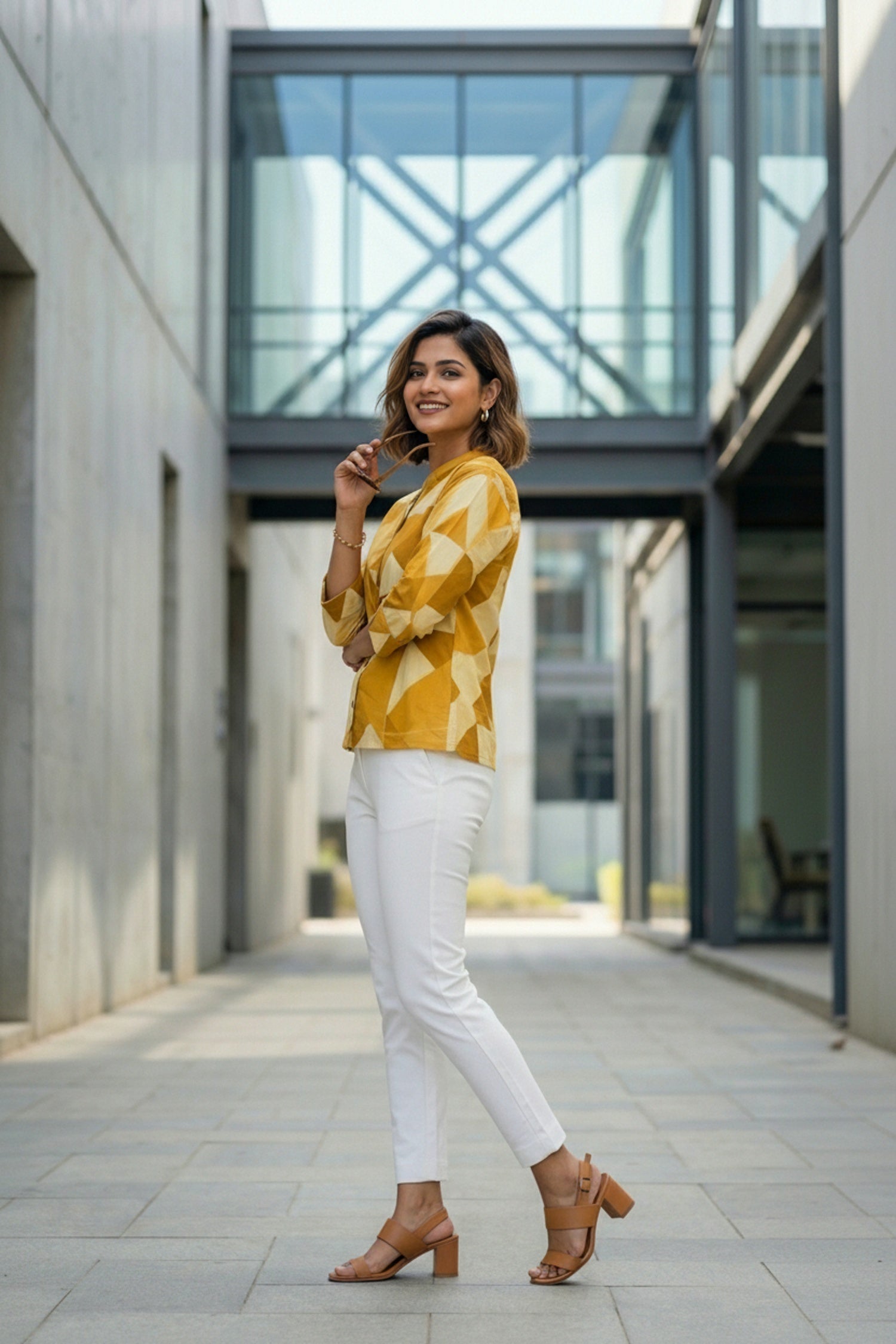 Yellow Bold Checks Cotton Short Kurti Top