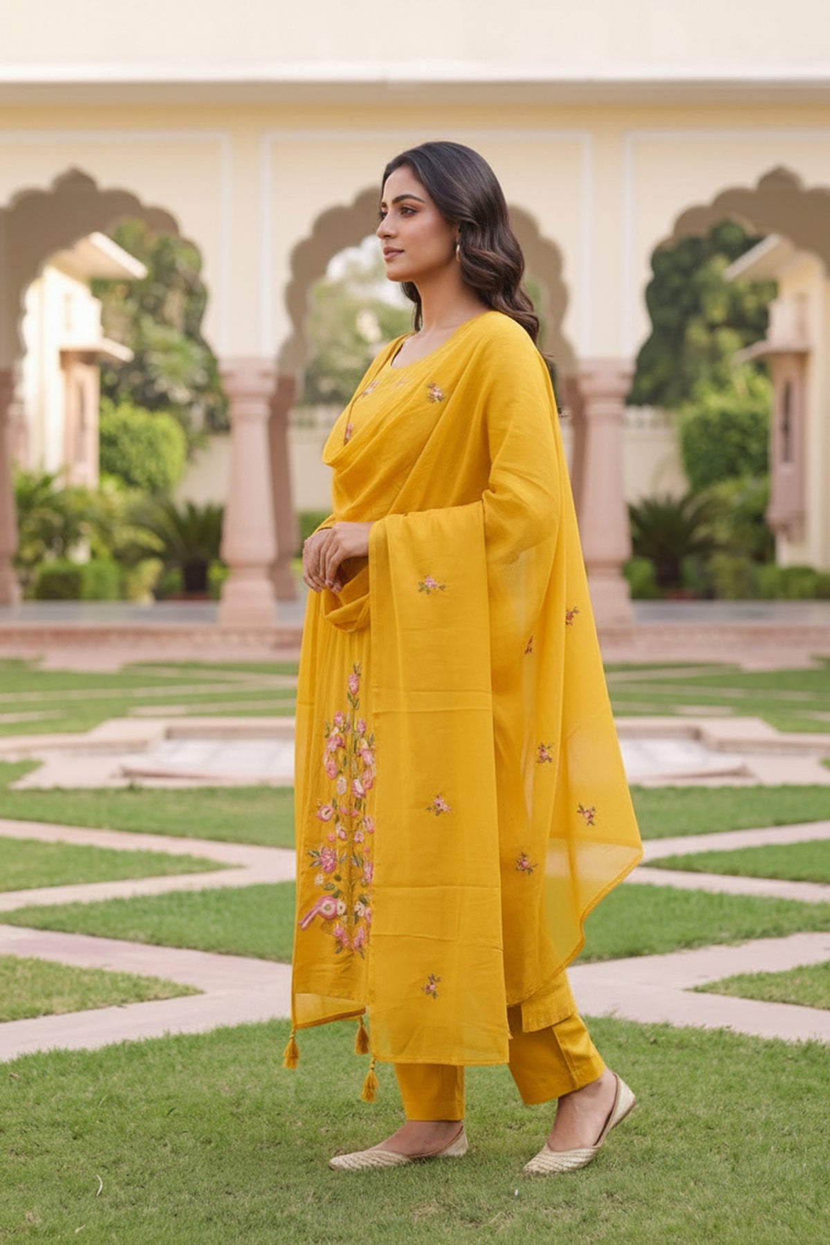 Mustard Yellow Floral Embroidered Suit Set
