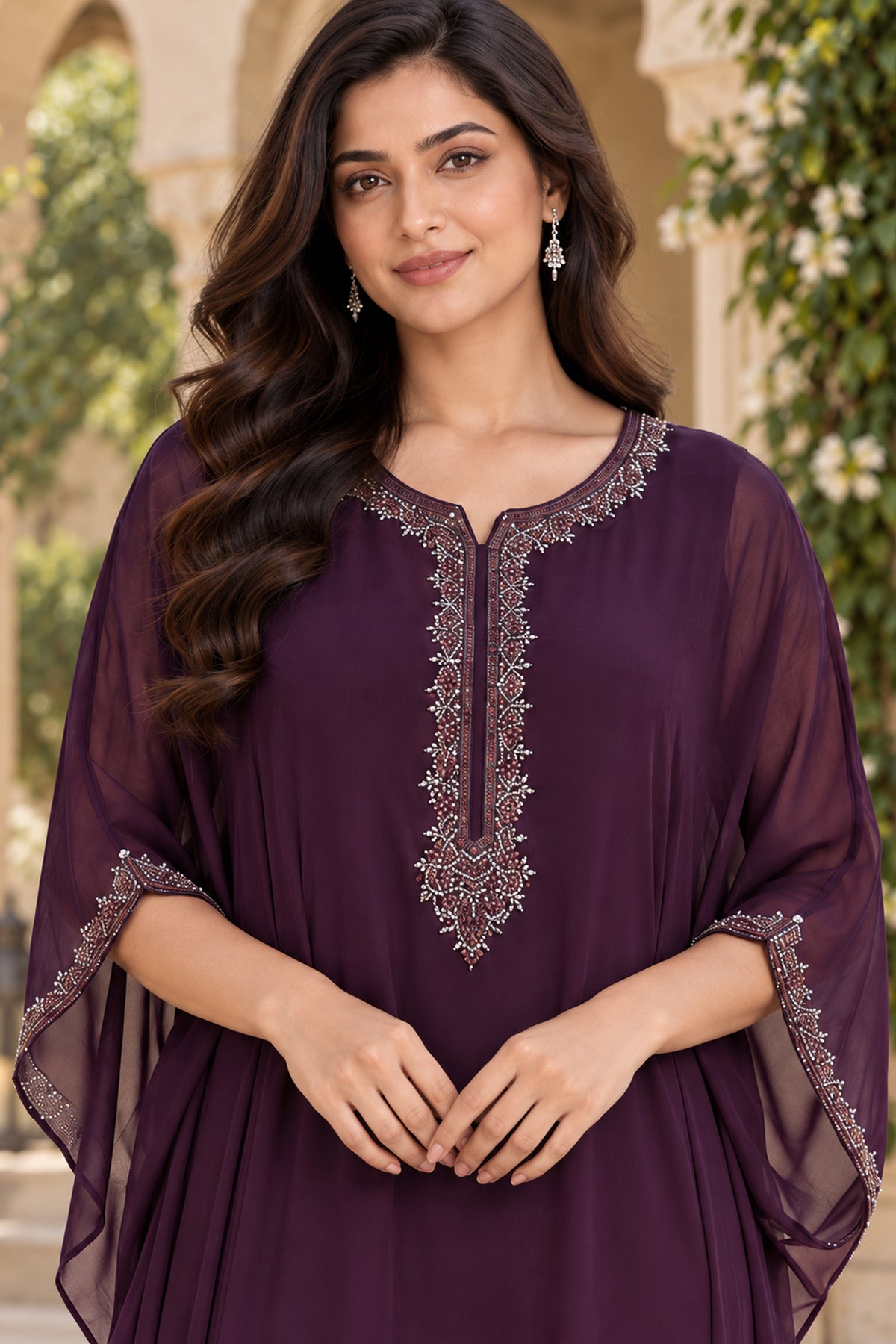 Wine Threadwork Embroidered Long Kaftan
