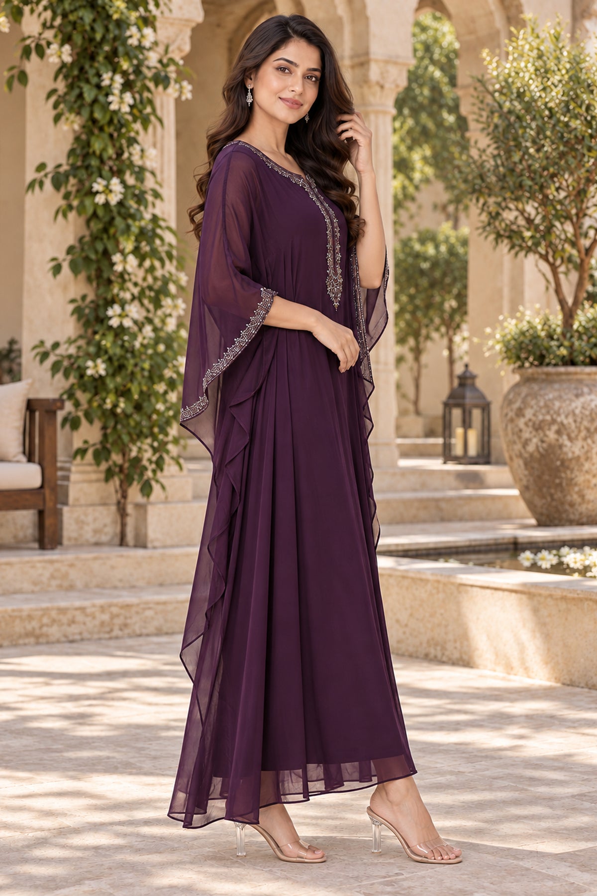 Wine Threadwork Embroidered Long Kaftan