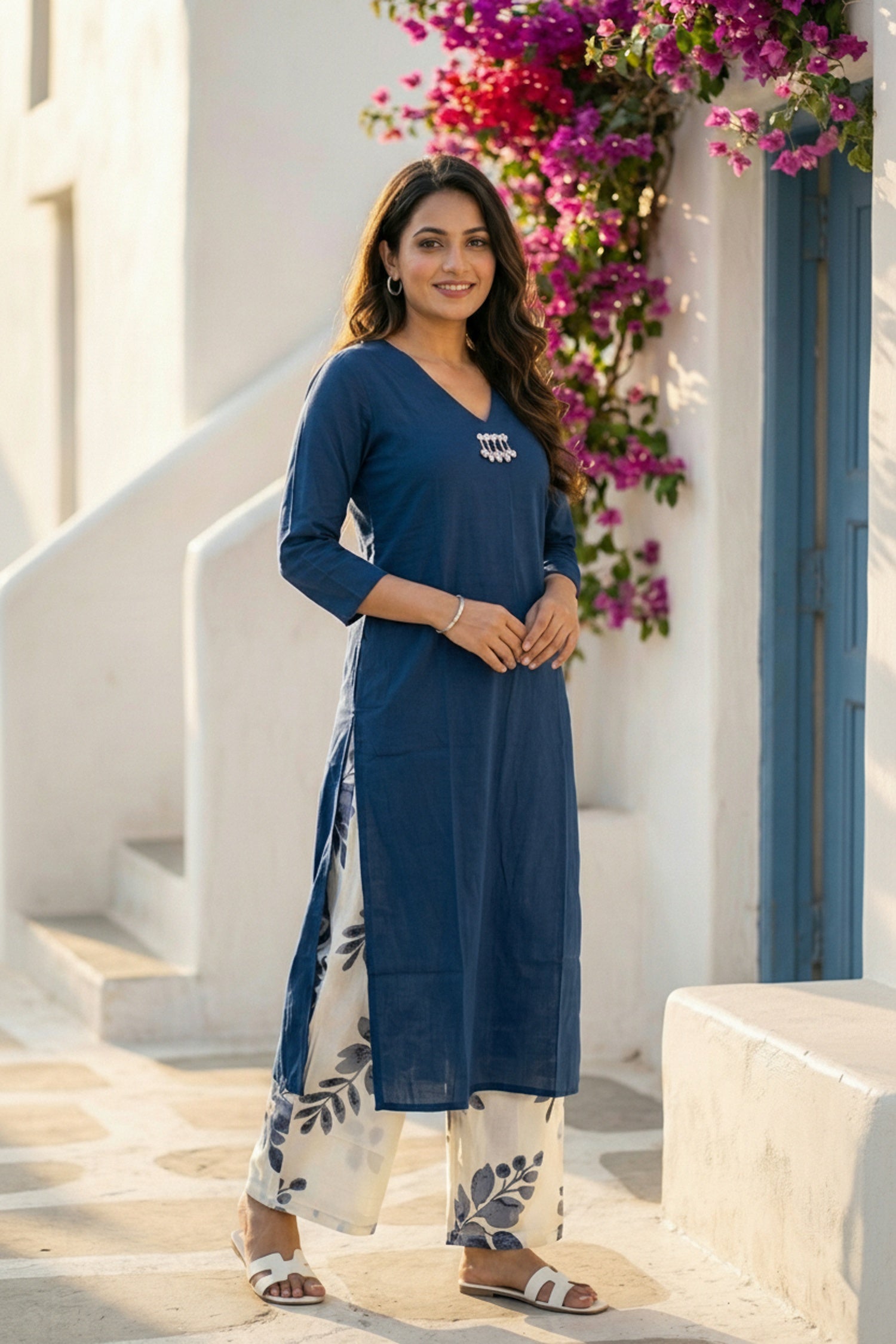 Blue Elegance Cotton Cord Set with Printed Pants