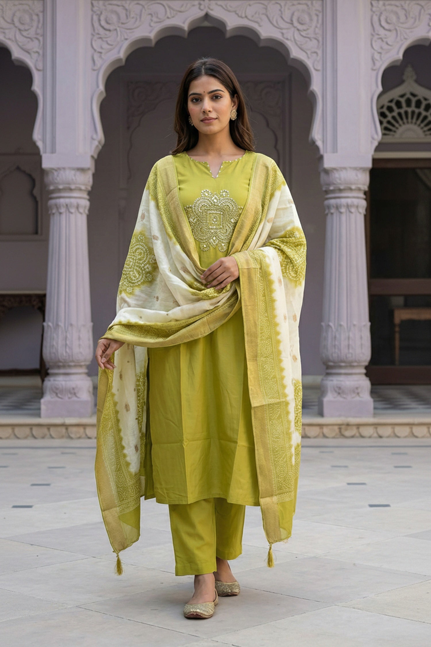 Green Straight-Cut Three Piece Suit with Embroidered Kurta Patch & Work Dupatta