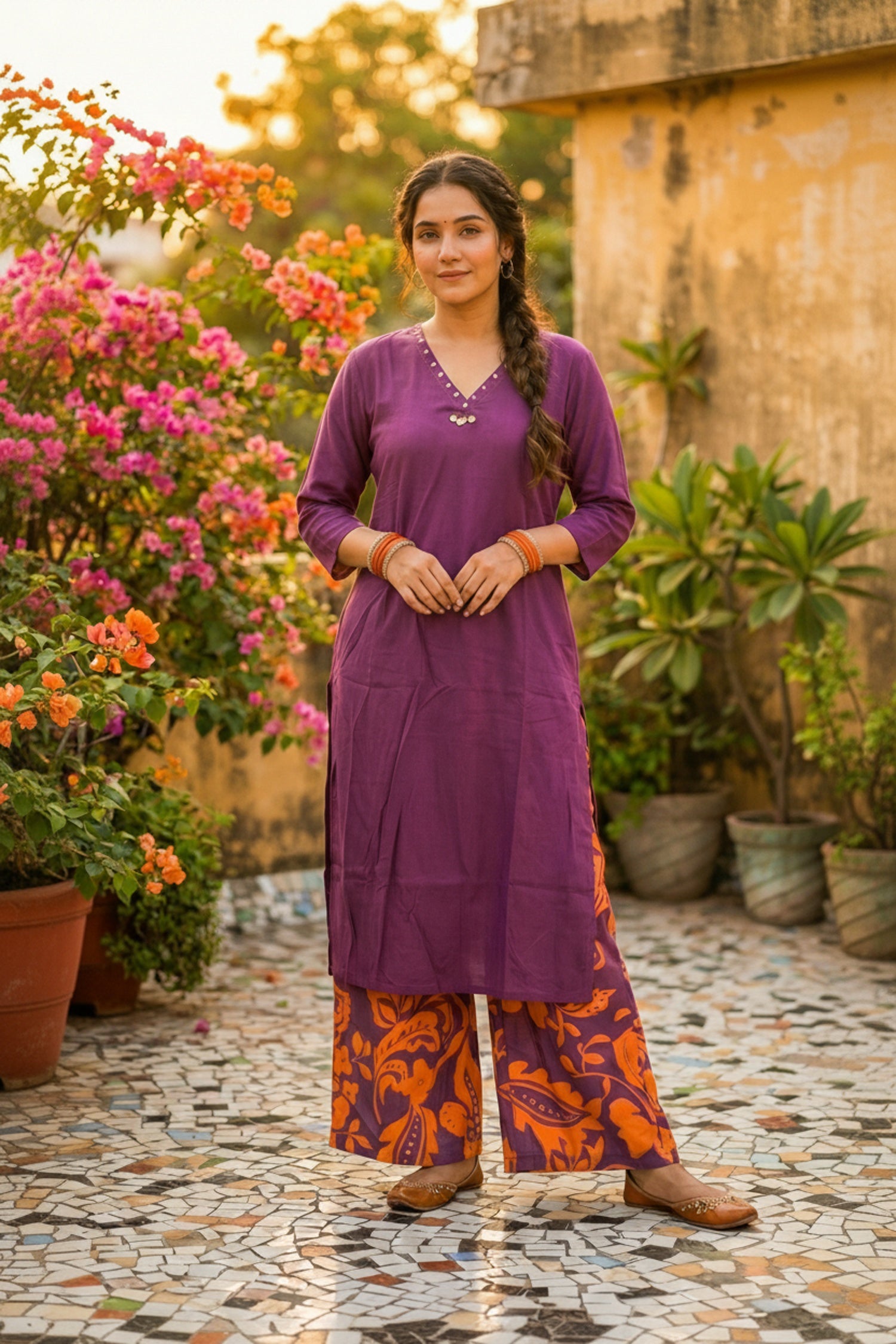 Purple Cotton Co-ord Set with Printed Pants