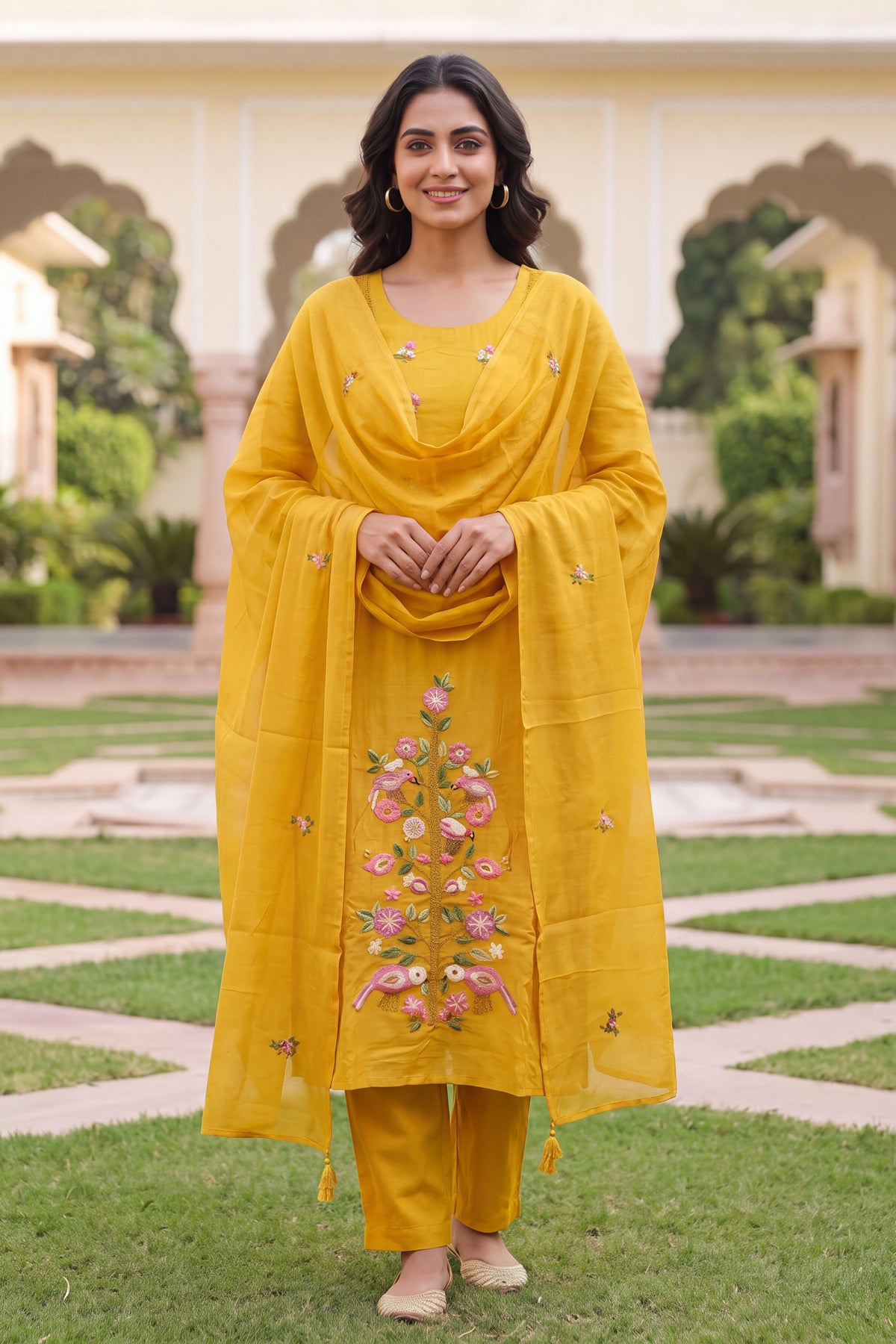 Mustard Yellow Floral Embroidered Suit Set