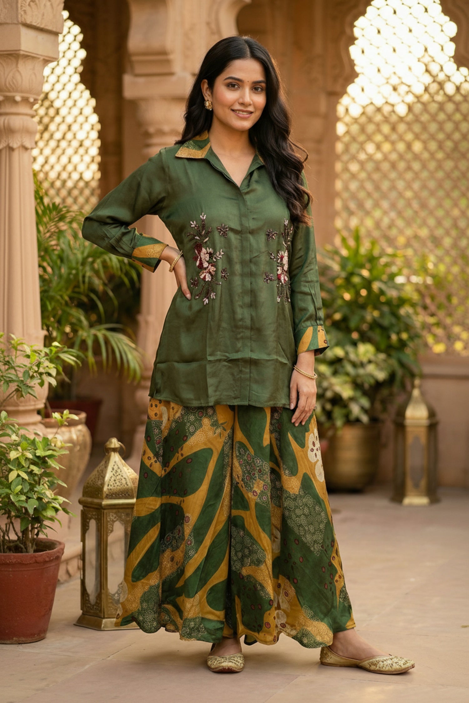 Green Grace Satin Top And Embroidered Cord Set