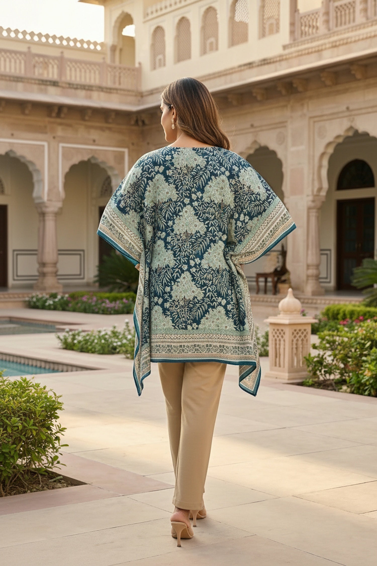 Blue Printed Viscose Short Kaftan