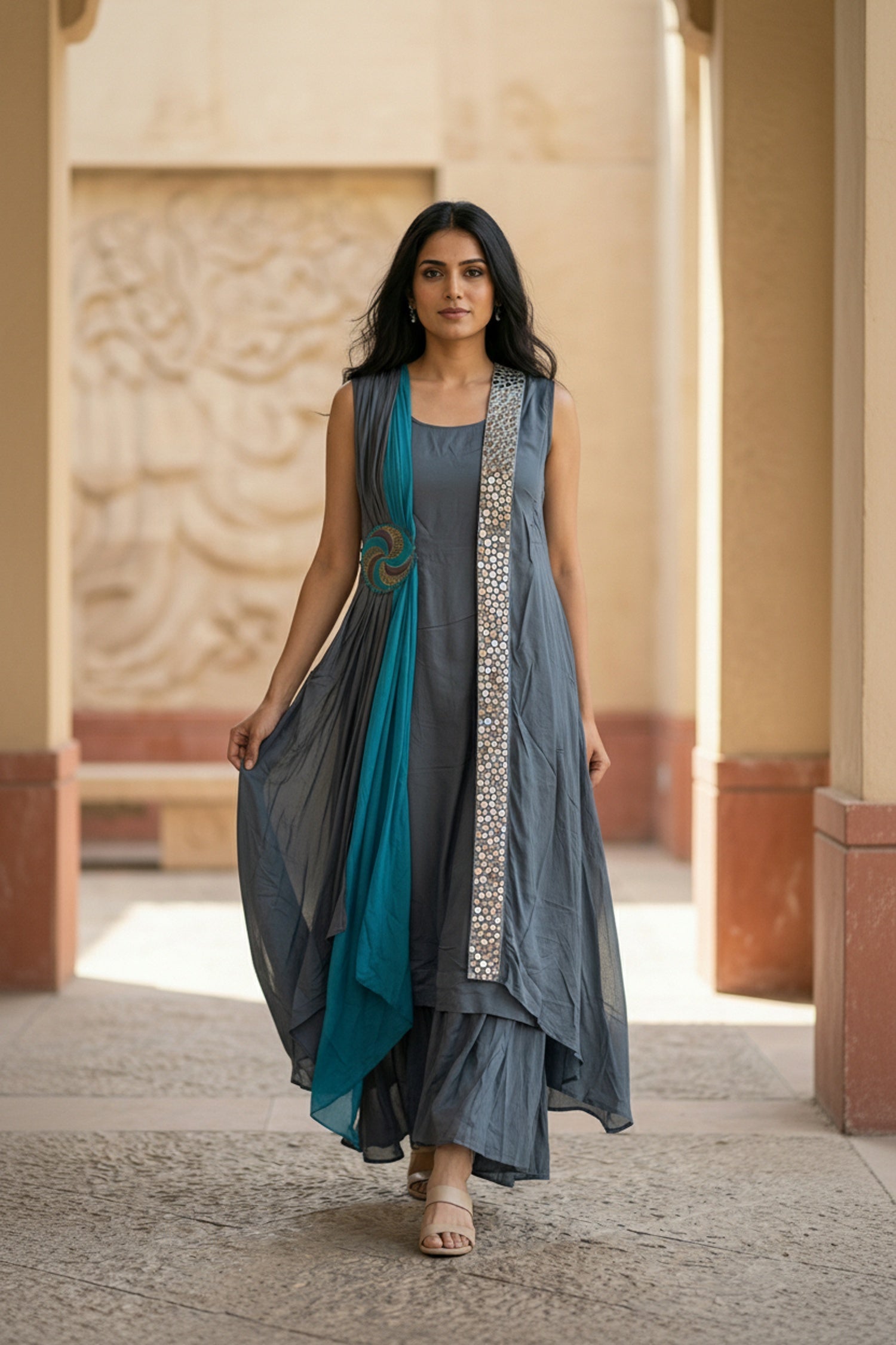 Blue Dress for Women with Embroidery & Layered Design