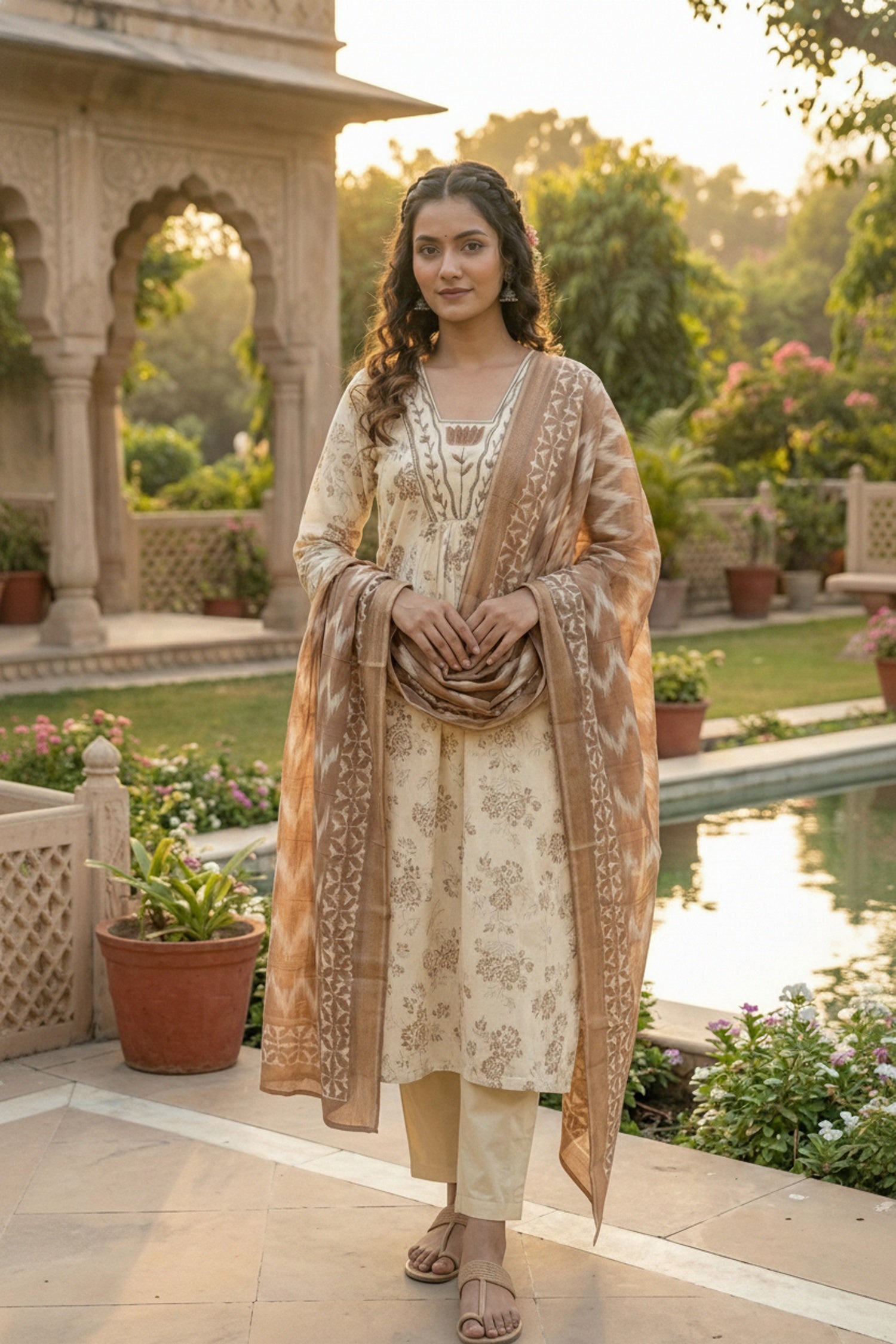 Off-White Elegance Kurta Set with Brown Dupatta
