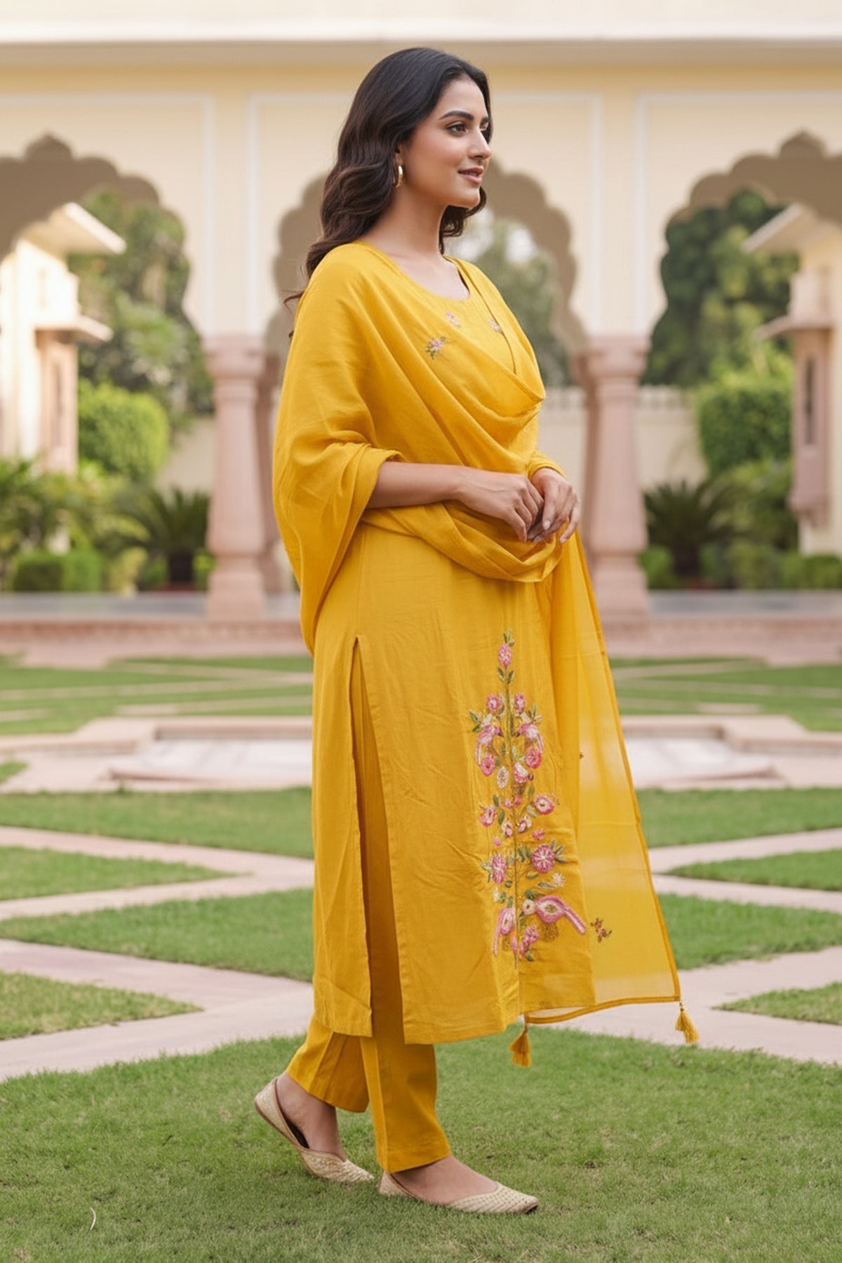 Mustard Yellow Floral Embroidered Suit Set