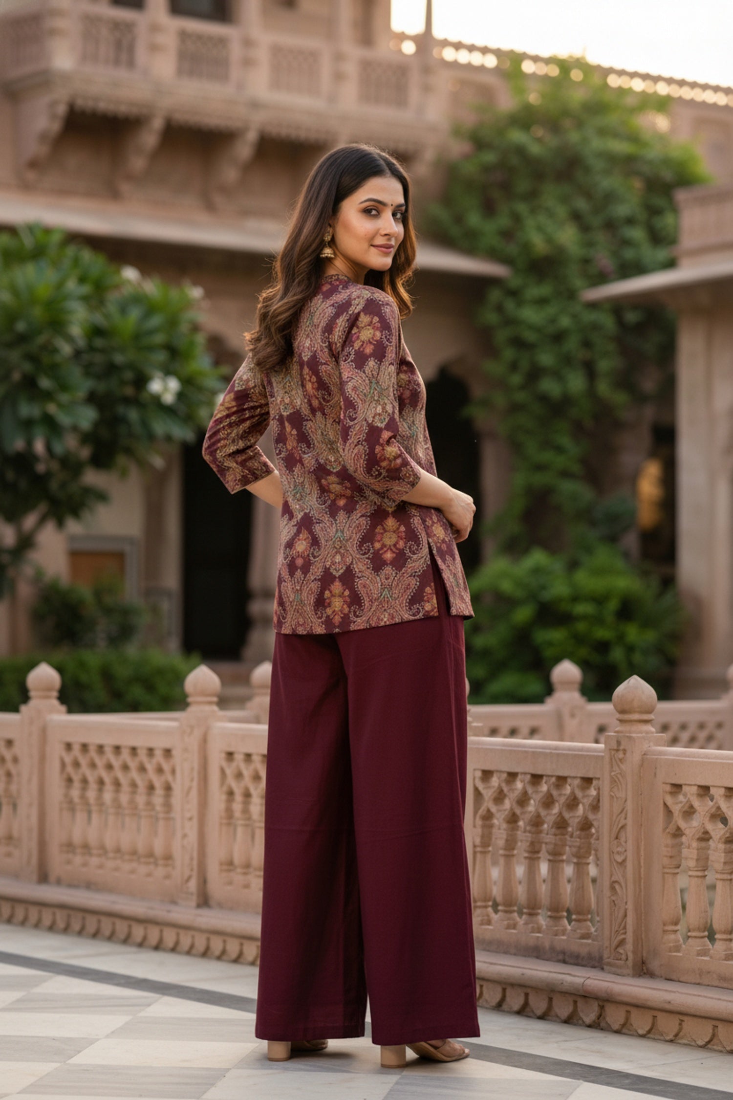 Maroon Printed Top Co-ord Set with Solid Bottom