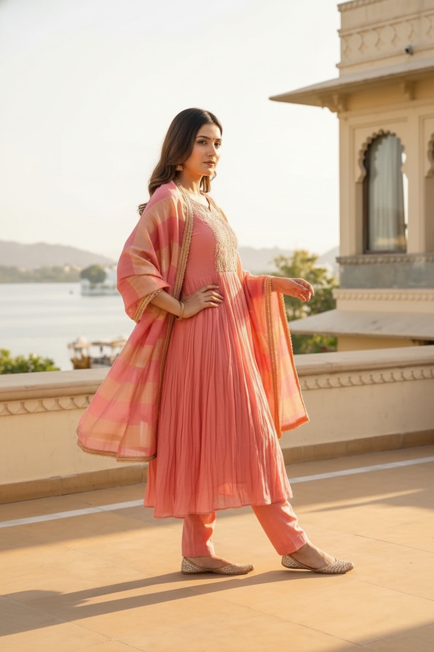 Peach Cotton Three-Piece Set with Thread Embroidery