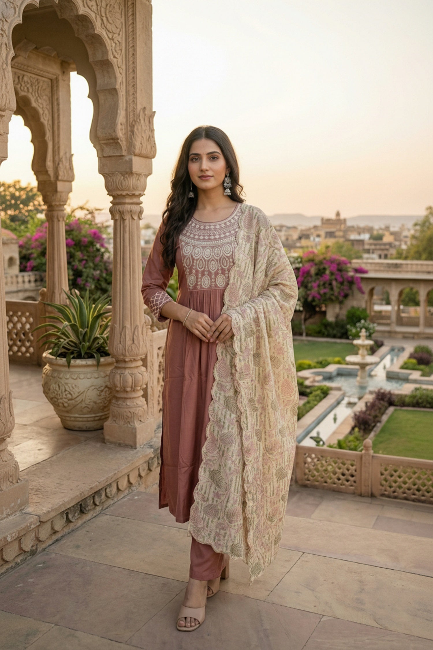 Onion Pink Embroidered Kurta Set with Tissue Silk Dupatta