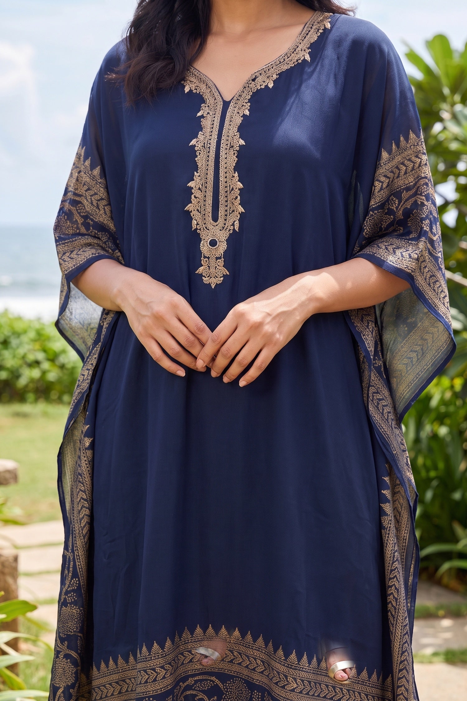 GOLD HAND EMBROIDERY DIGITALPRINT BORDER NAVY BLUE KAFTAN