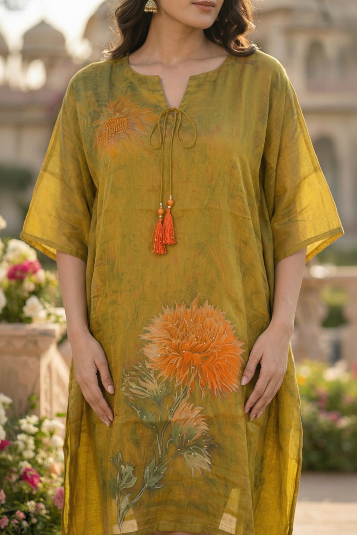 Mehendi Printed Chinon Short Kaftan