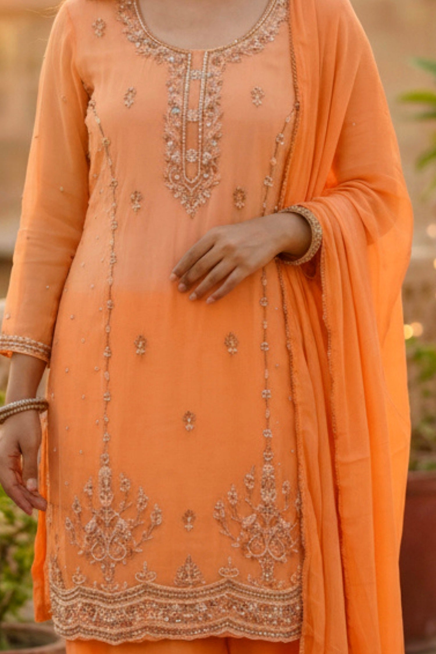 Orange Embroidered Kurta with Salwar & Dupatta