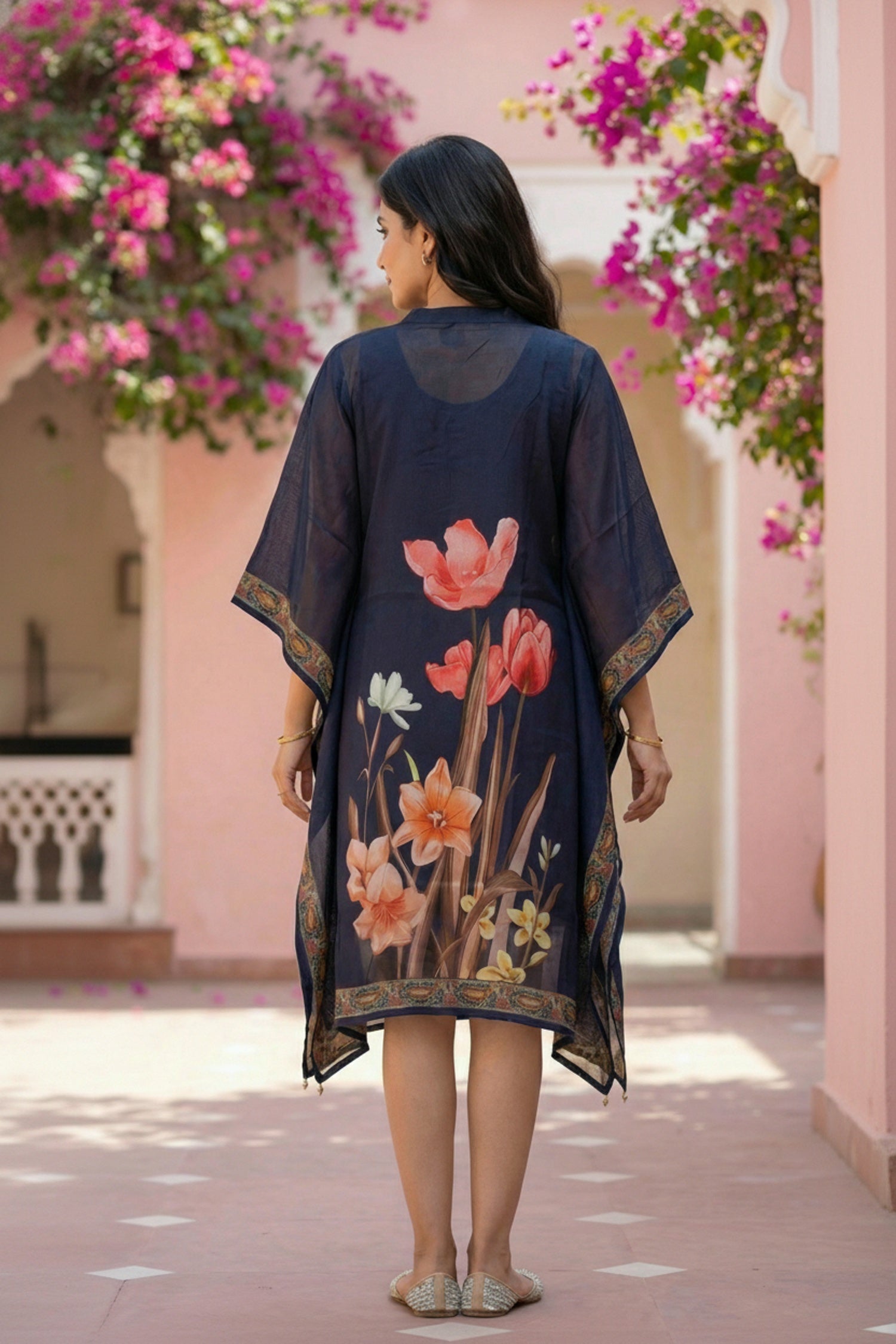 Navy Blue Floral Printed Chinon Short Kaftan