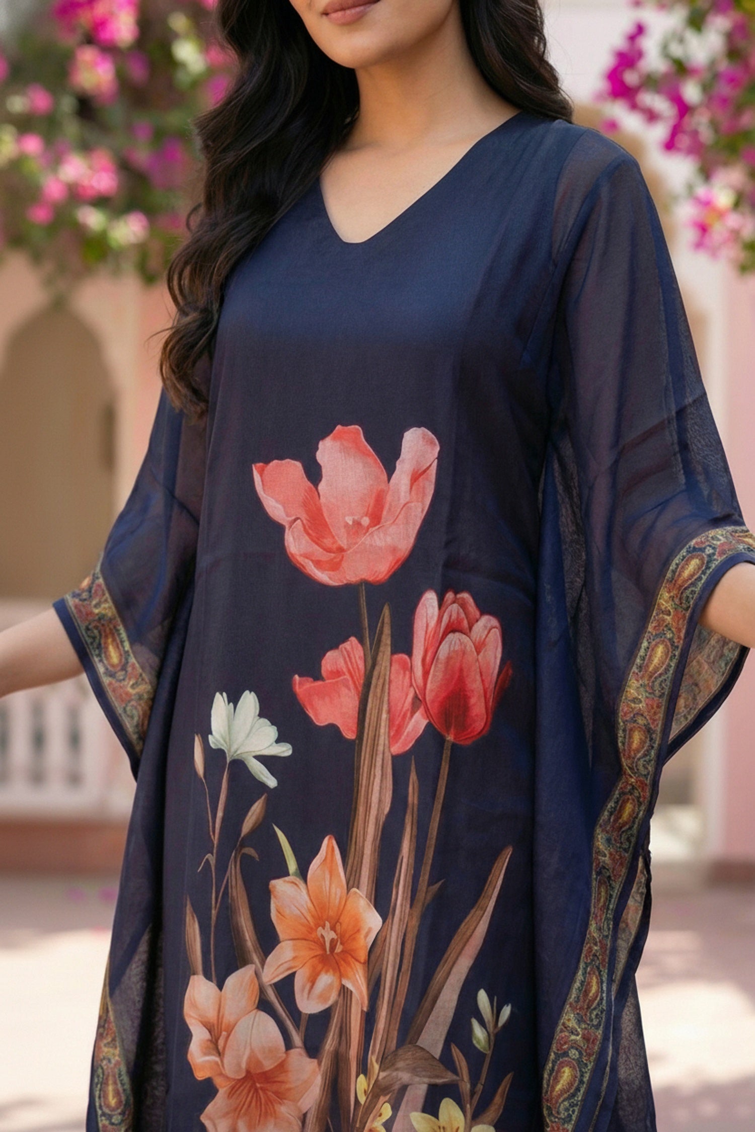 Navy Blue Floral Printed Chinon Short Kaftan