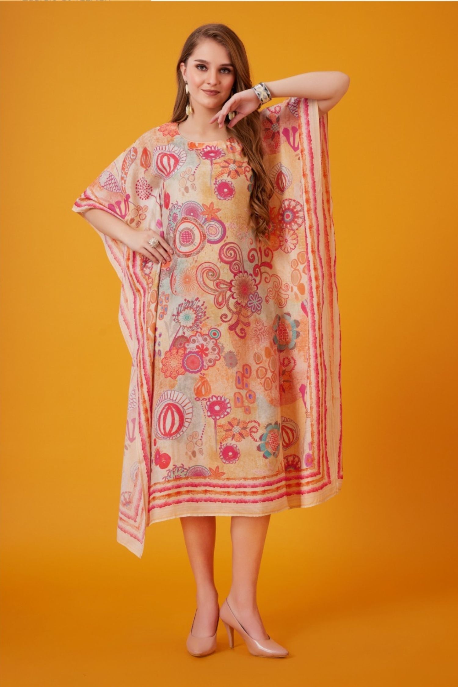 Peach Abstract Print Long Kaftan