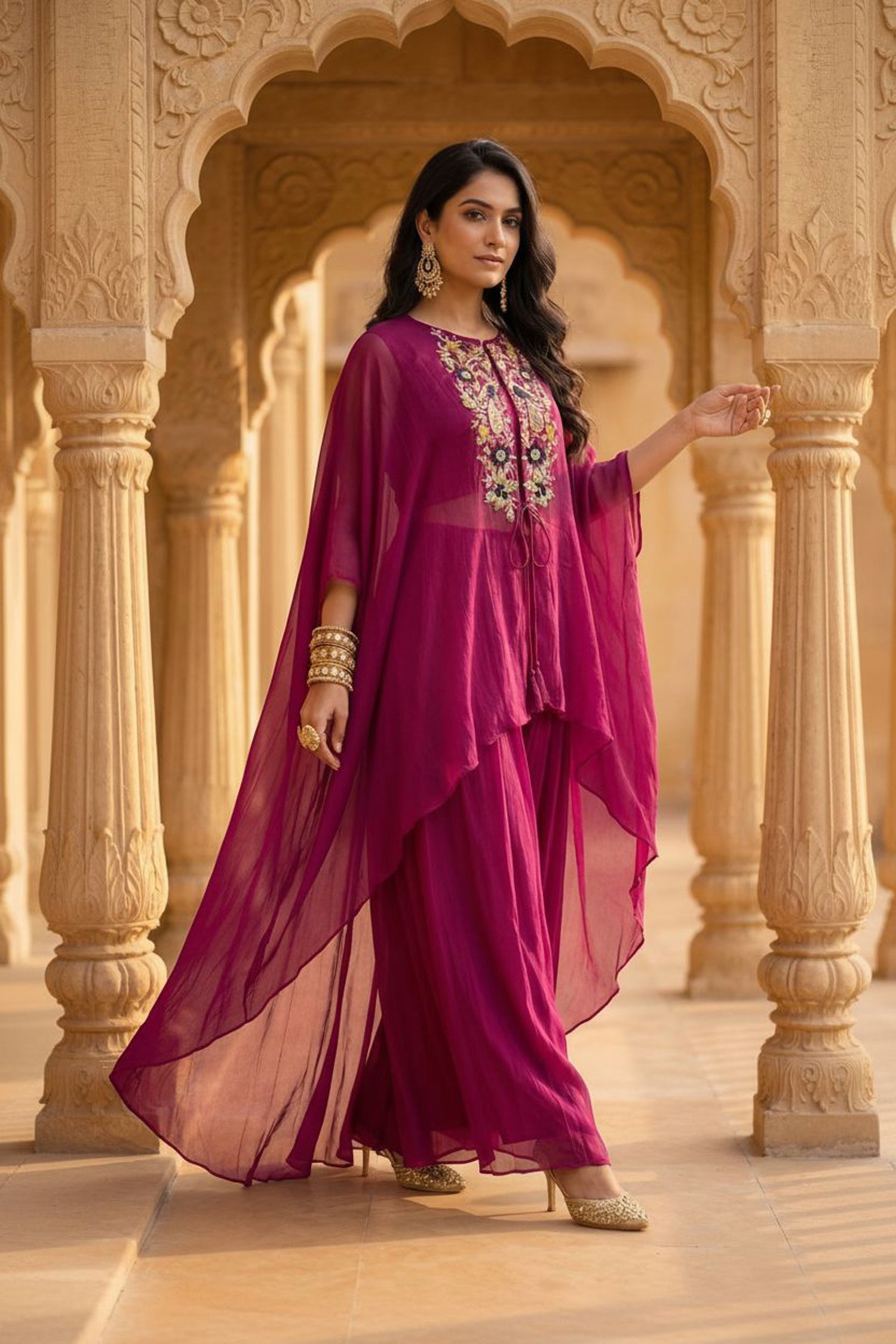 Purple Three-Piece Set with Embroidered Net Jacket and Pant