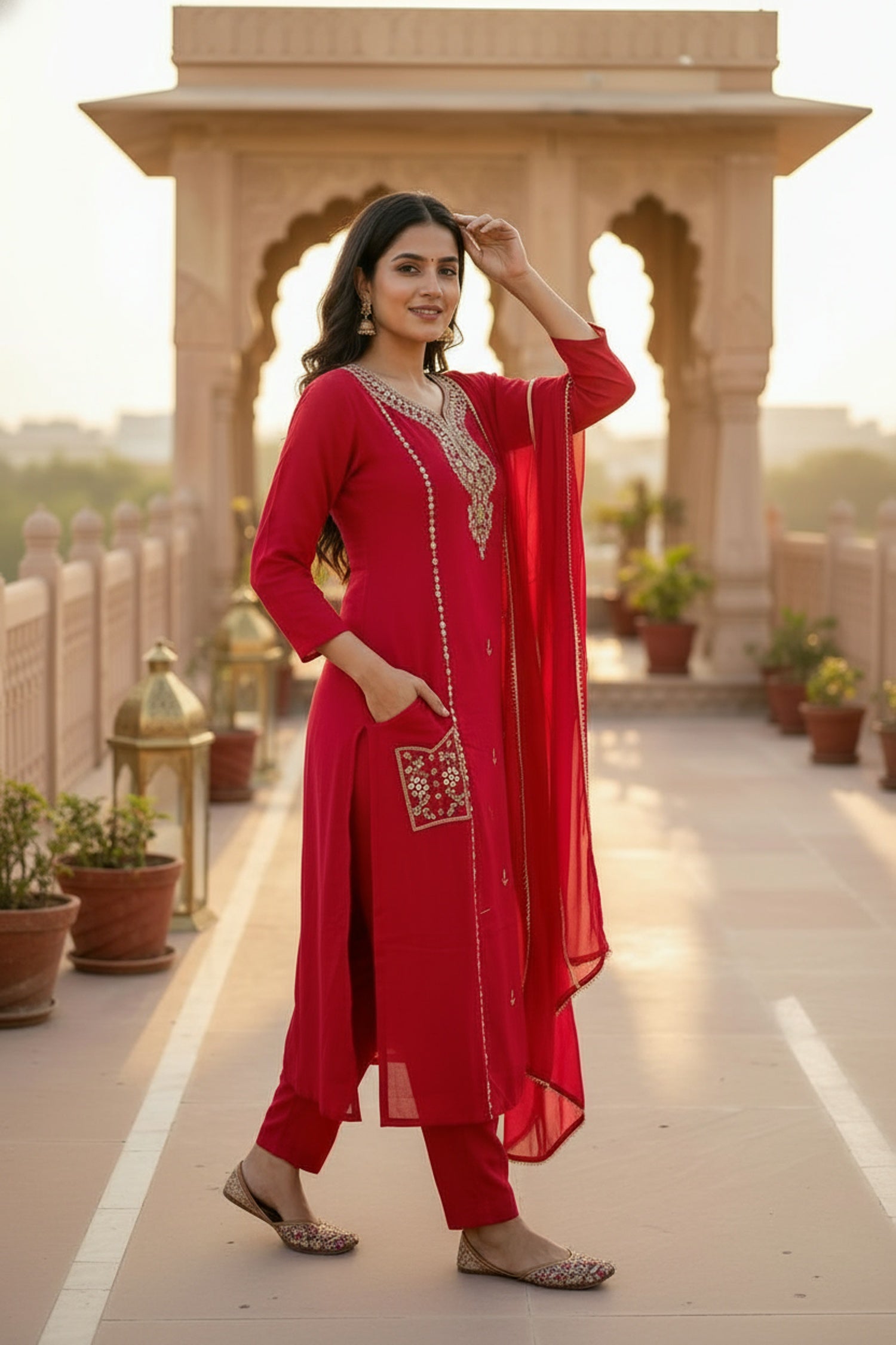 Royal Rani Red Three-Piece Set with Intricate Neck Embroidery