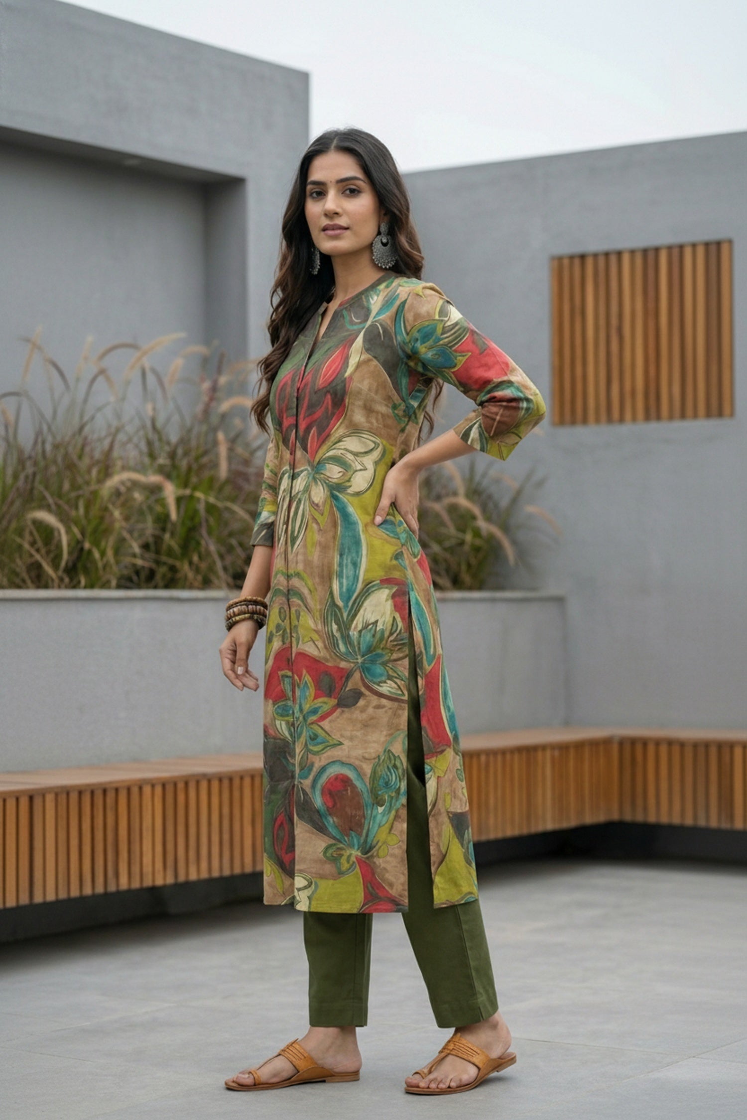 Vibrant Green Artistic Design Cotton Long Kurti