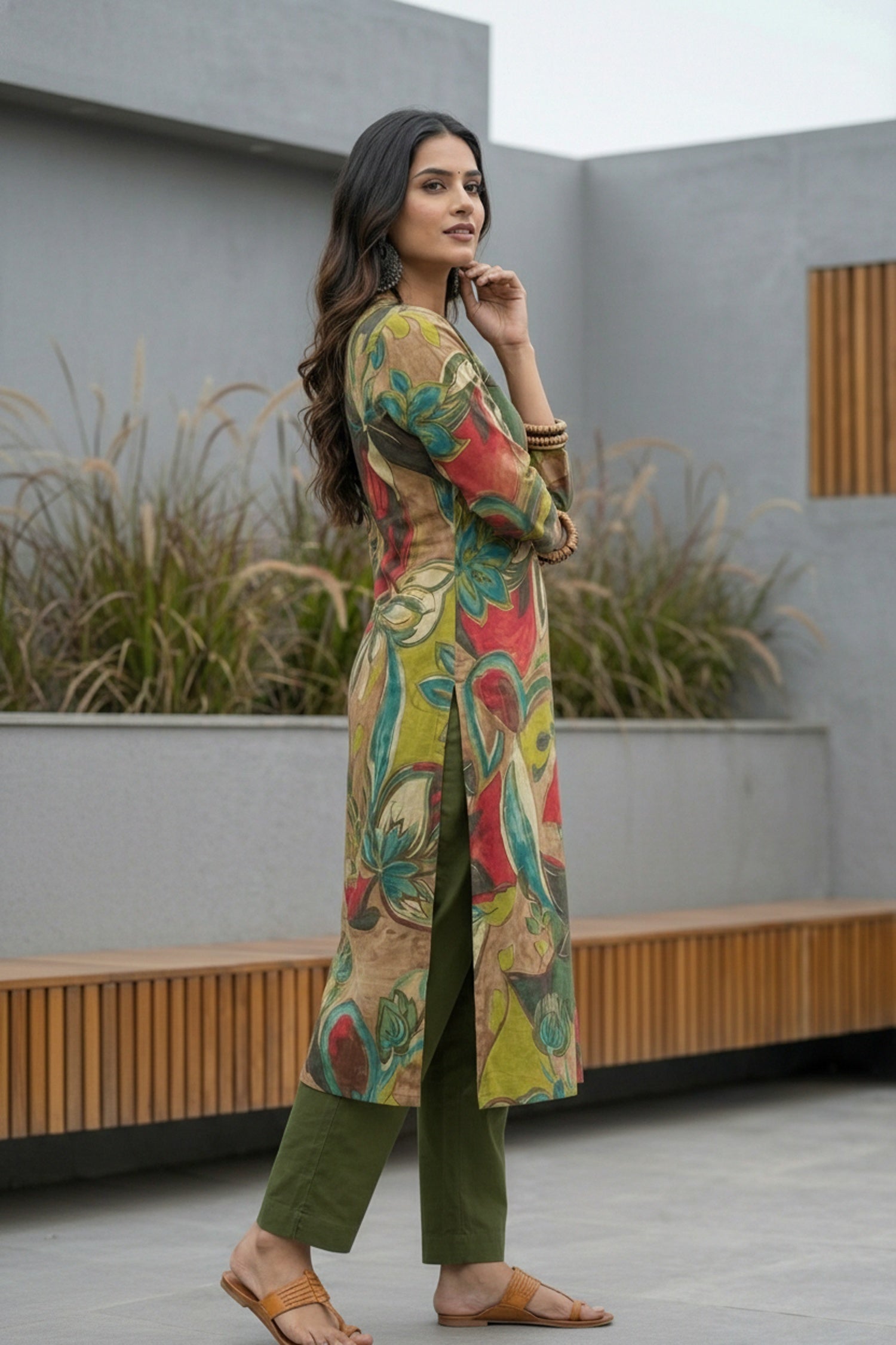 Vibrant Green Artistic Design Cotton Long Kurti