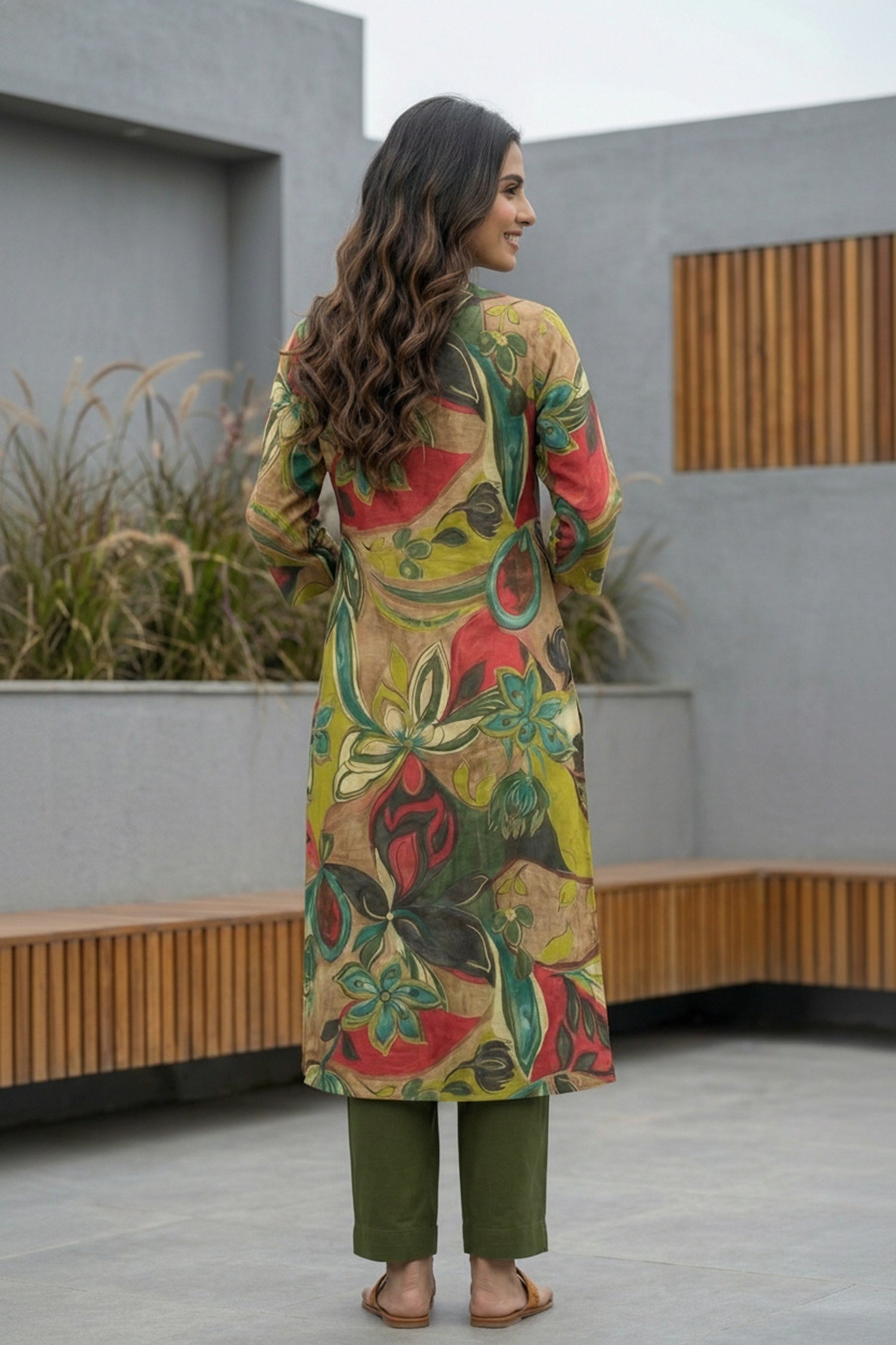 Vibrant Green Artistic Design Cotton Long Kurti