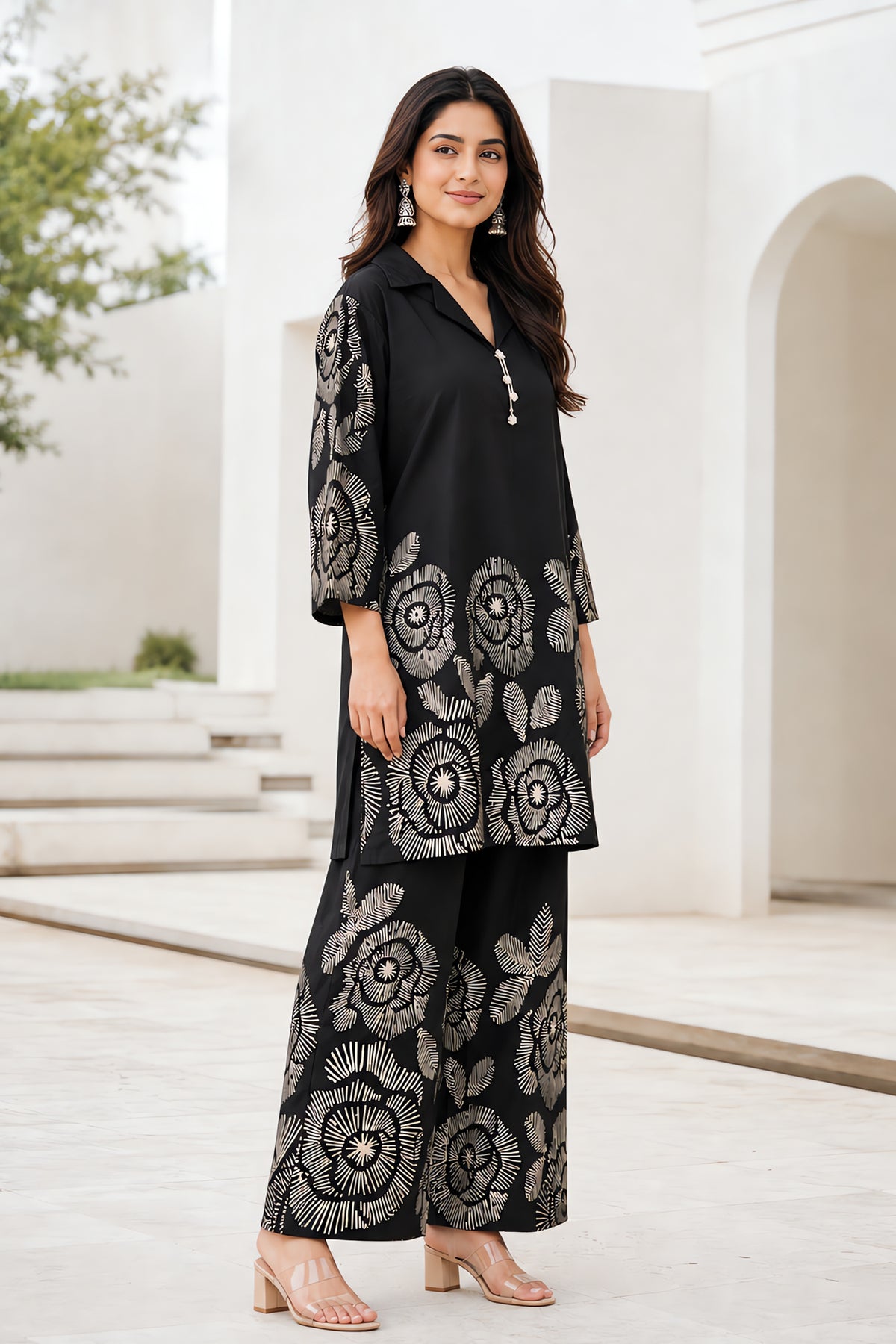 Black Floral Print Cotton Coord Sets