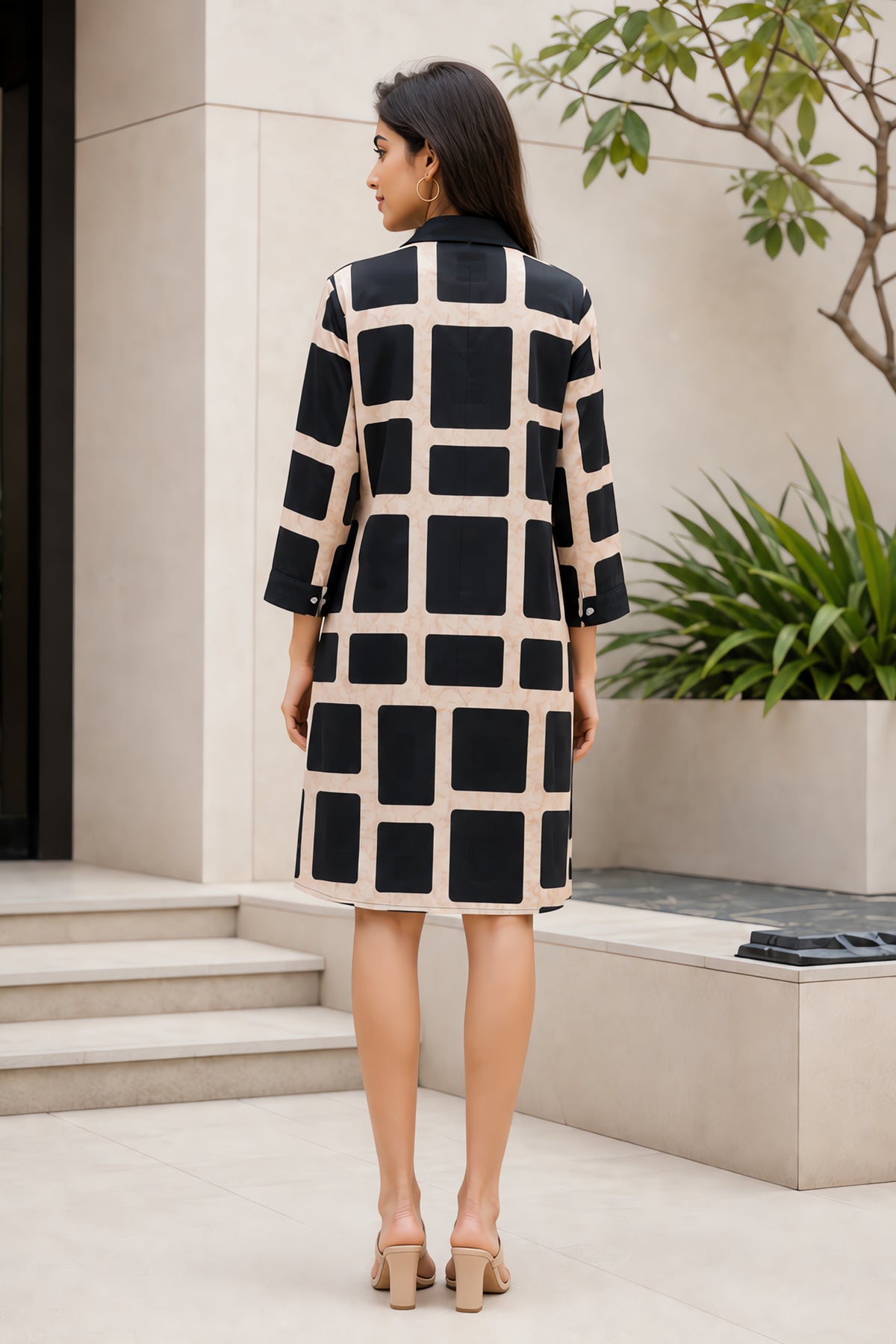 Black And Beige Geometric Printed Top Shirt