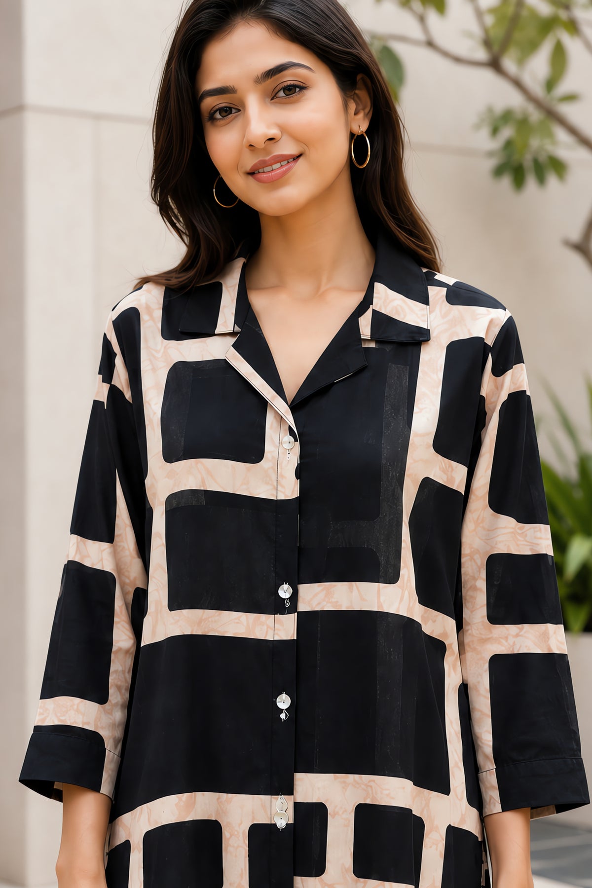 Black And Beige Geometric Printed Top Shirt