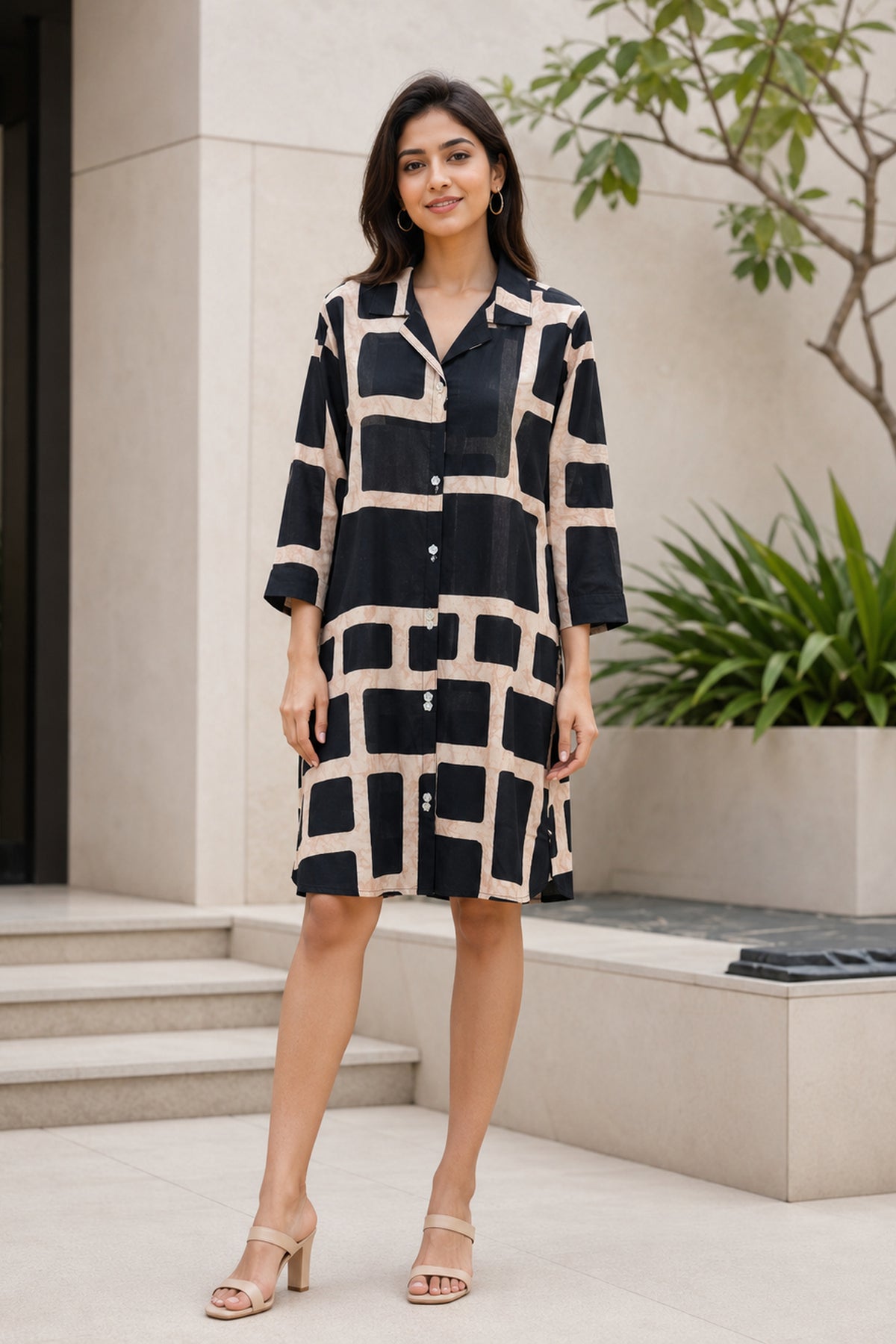 Black And Beige Geometric Printed Top Shirt
