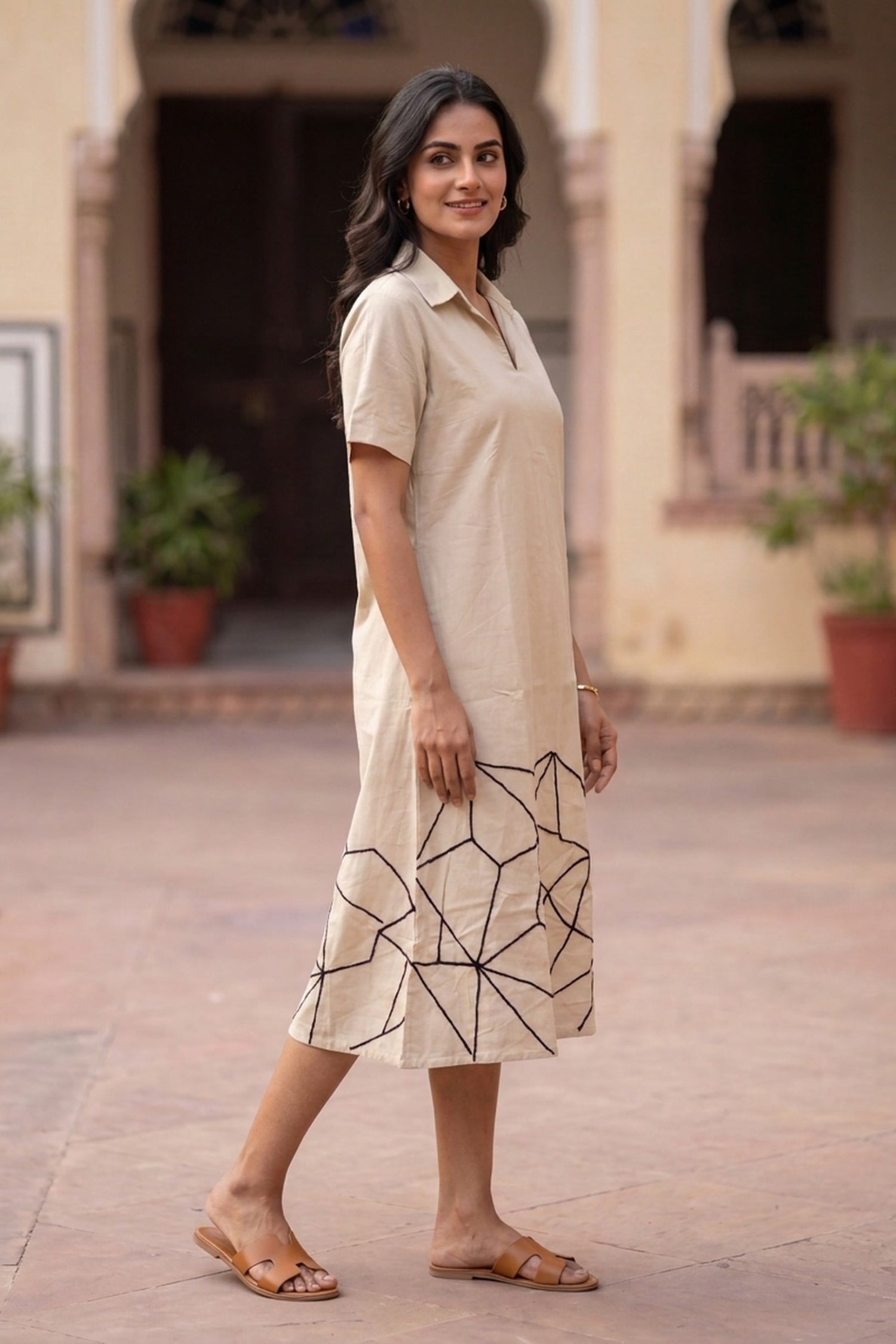 FREYAA Natural Cotton Flex Midi Dress with Abstract Embroidered Hem