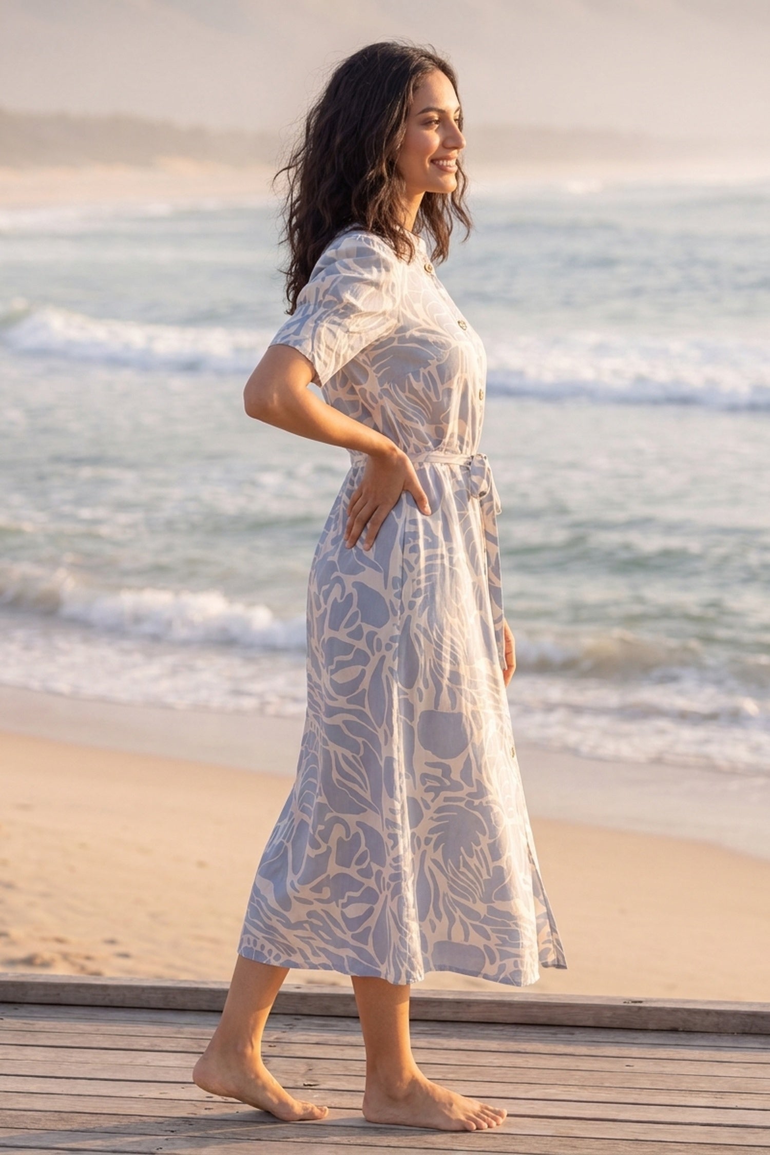 FREYAA Grey Printed Muslin Midi Dress with Puff Sleeves