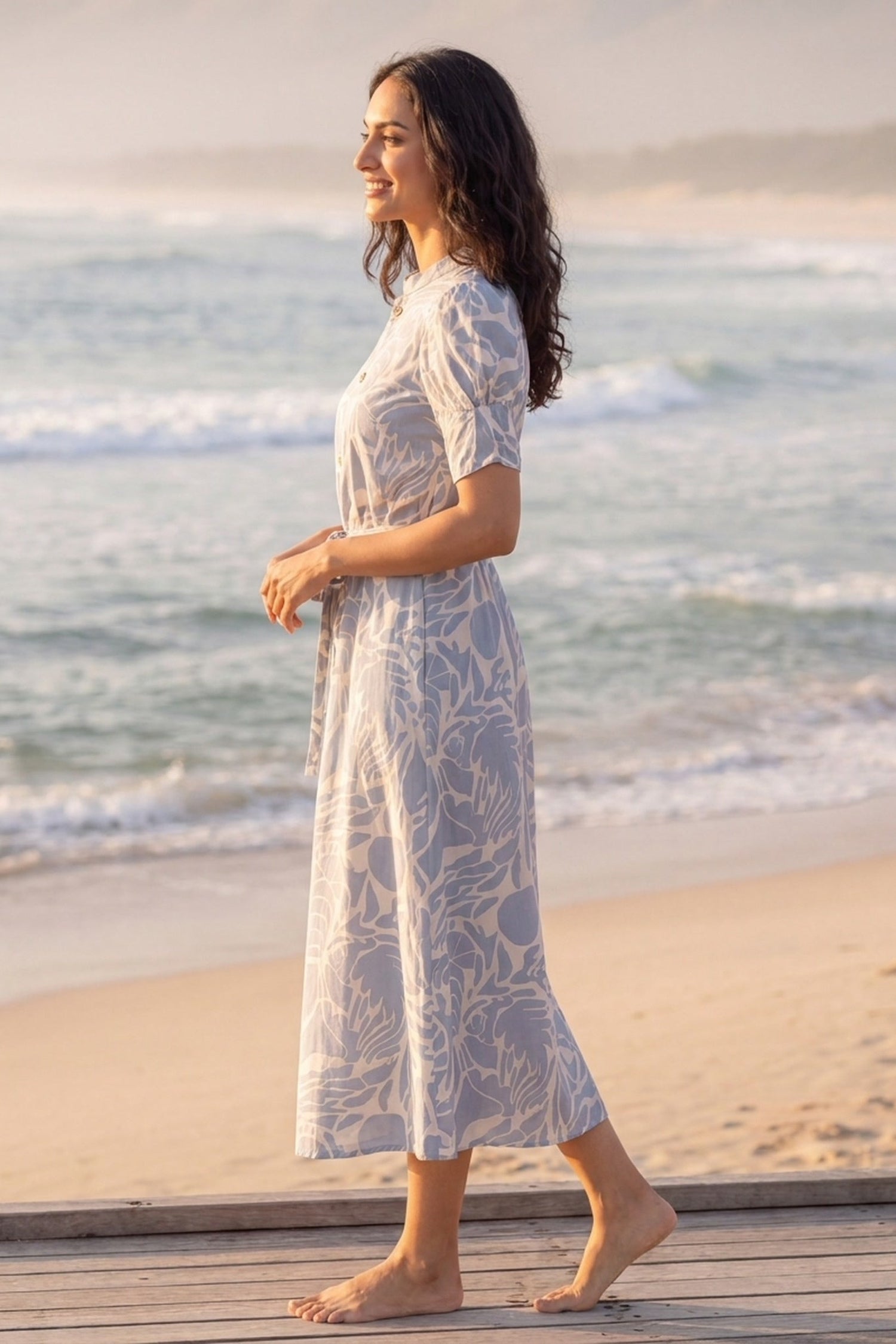 FREYAA Grey Printed Muslin Midi Dress with Puff Sleeves