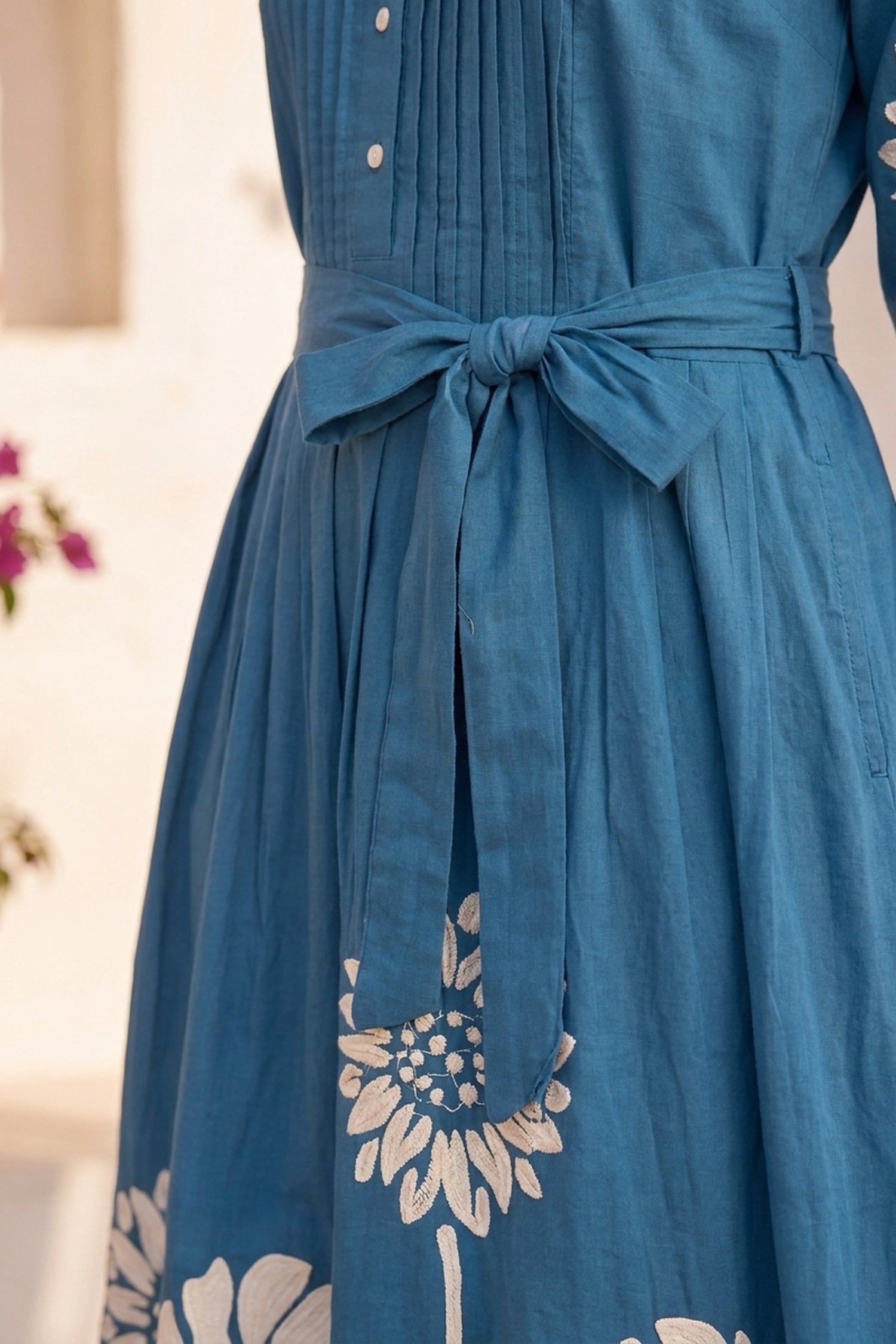 FREYAA Printed Cotton Midi Dress with 3/4th Sleeves & Waist Tie-Up