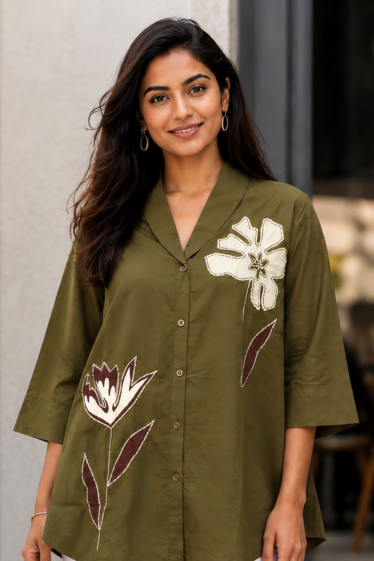 Olive Green Cotton Floral Embroidered Top