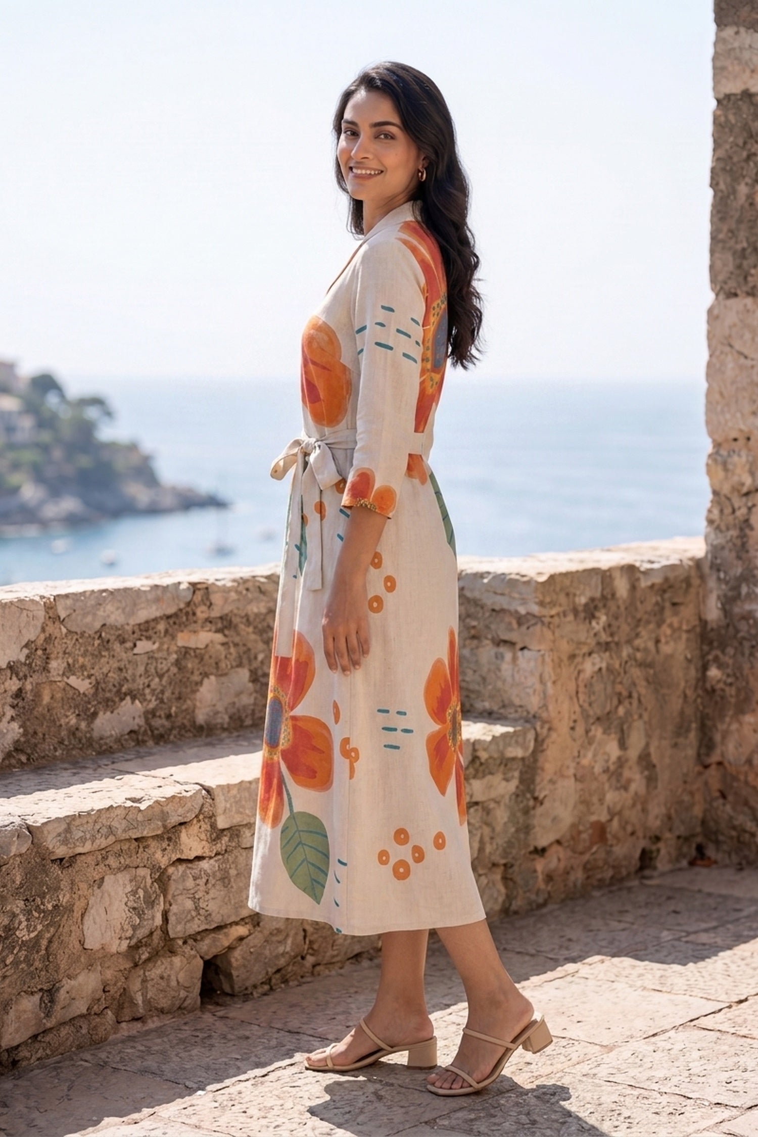 FREYAA Cream Floral Printed Cotton Midi Dress with Waist Tie-Up